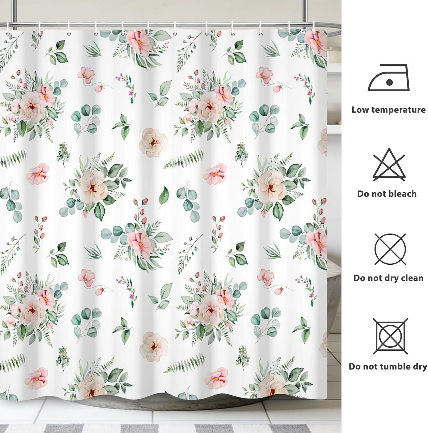 Renaiss 72x78 Inches Pink Floral Leaf Shower Curtain Watercolor Wildflower Flower Green Leaves Plants Printed Fabric Shower Curtains for Bathroom Decor Sets Waterproof Polyester with Hooks