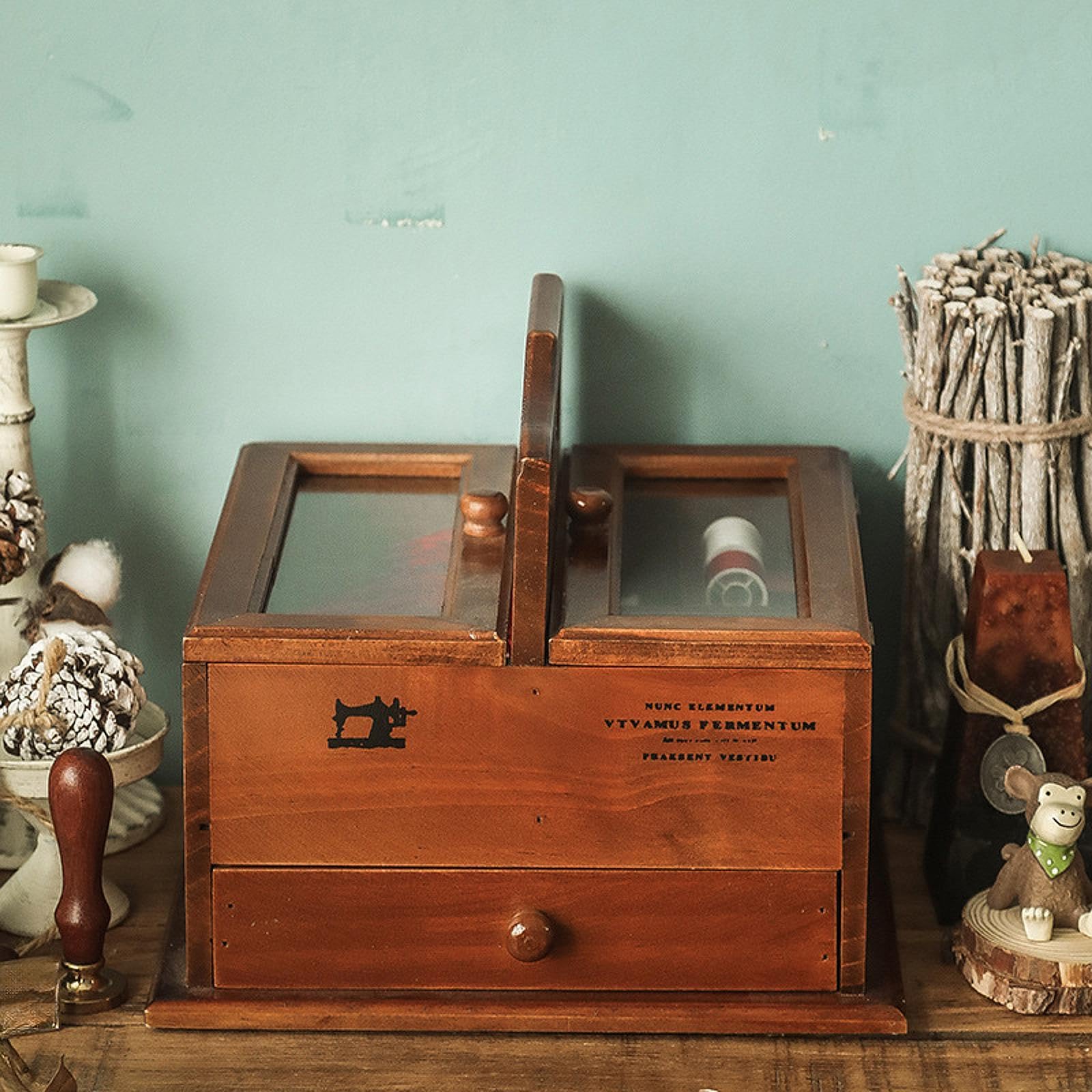 Caja de Costura de Madera, Caja de Almacenamiento para Manualidades, Carrete de Hilo de Coser,