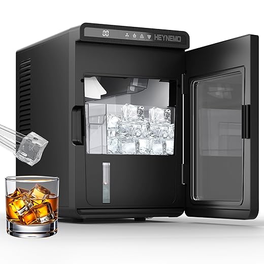 HEYNEMO Clear Ice Maker – Compact Countertop Ice Machine with 1.6" Square Ice Cubes, Fast 10-Min Ice Production, Self-Cleaning,LED Light & Timer,Portable Electric Ice Maker for Kitchen, Bar, RV, Black