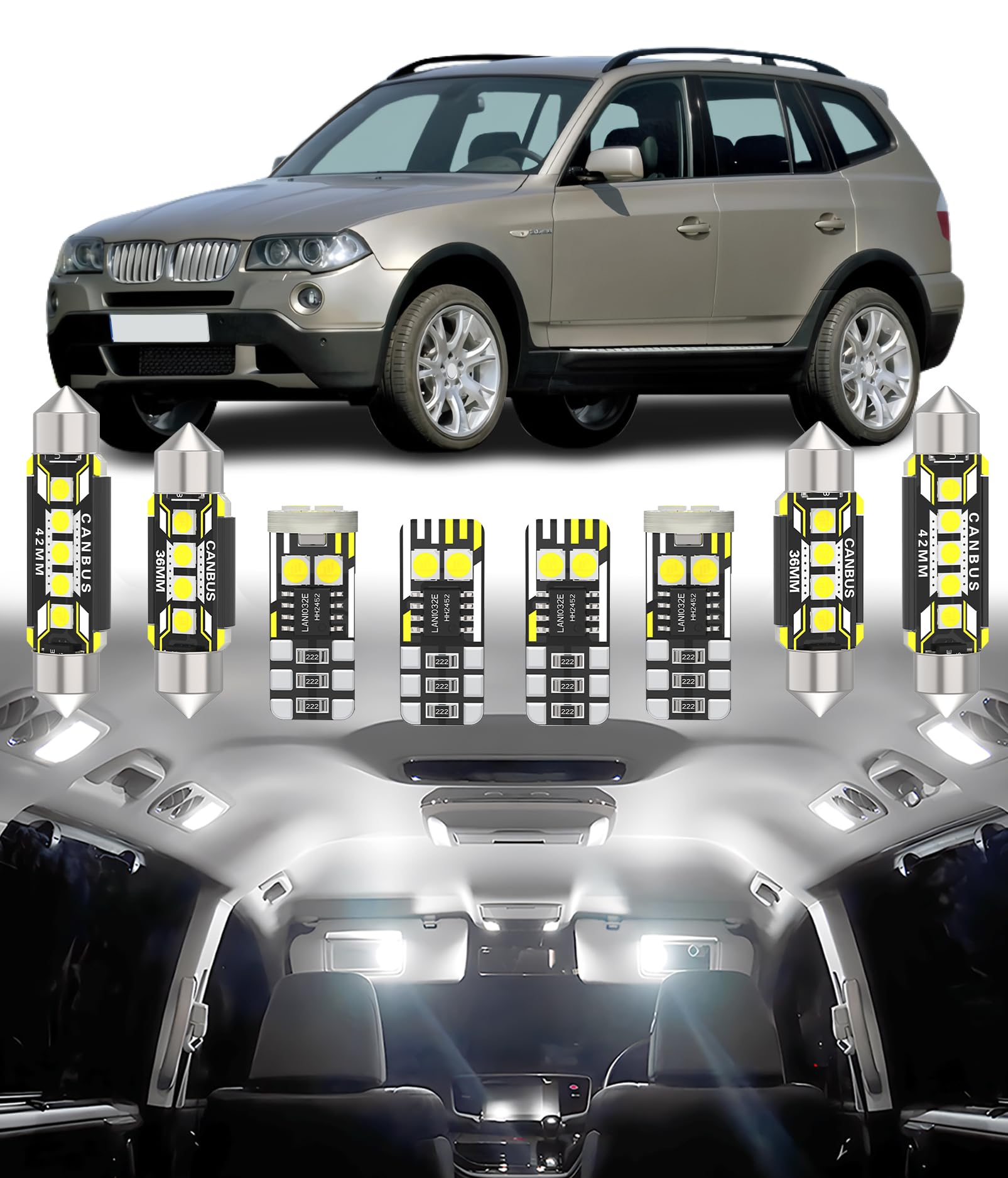 BMT xms 15pz Kit di Luci LED per Interni per BMW X3 E83 2003-2010, Lampadine LED per Interni Auto e Camion 6000K Bianco Luminoso
