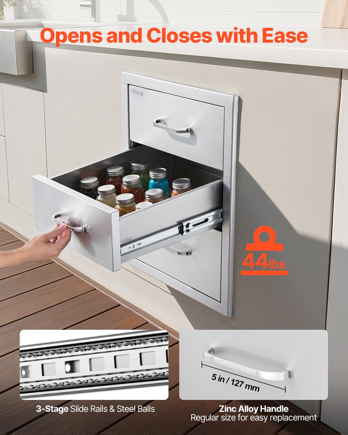 VEVOR Cajones de Cocina para Exterior 46 x 59 x 59 cm, 3 Cajones para Barbacoa de Triple Acceso con Asa de Aleación de Zinc, Cajonera para Cocinas al Aire Libre, Estación de Parrilla para Patio