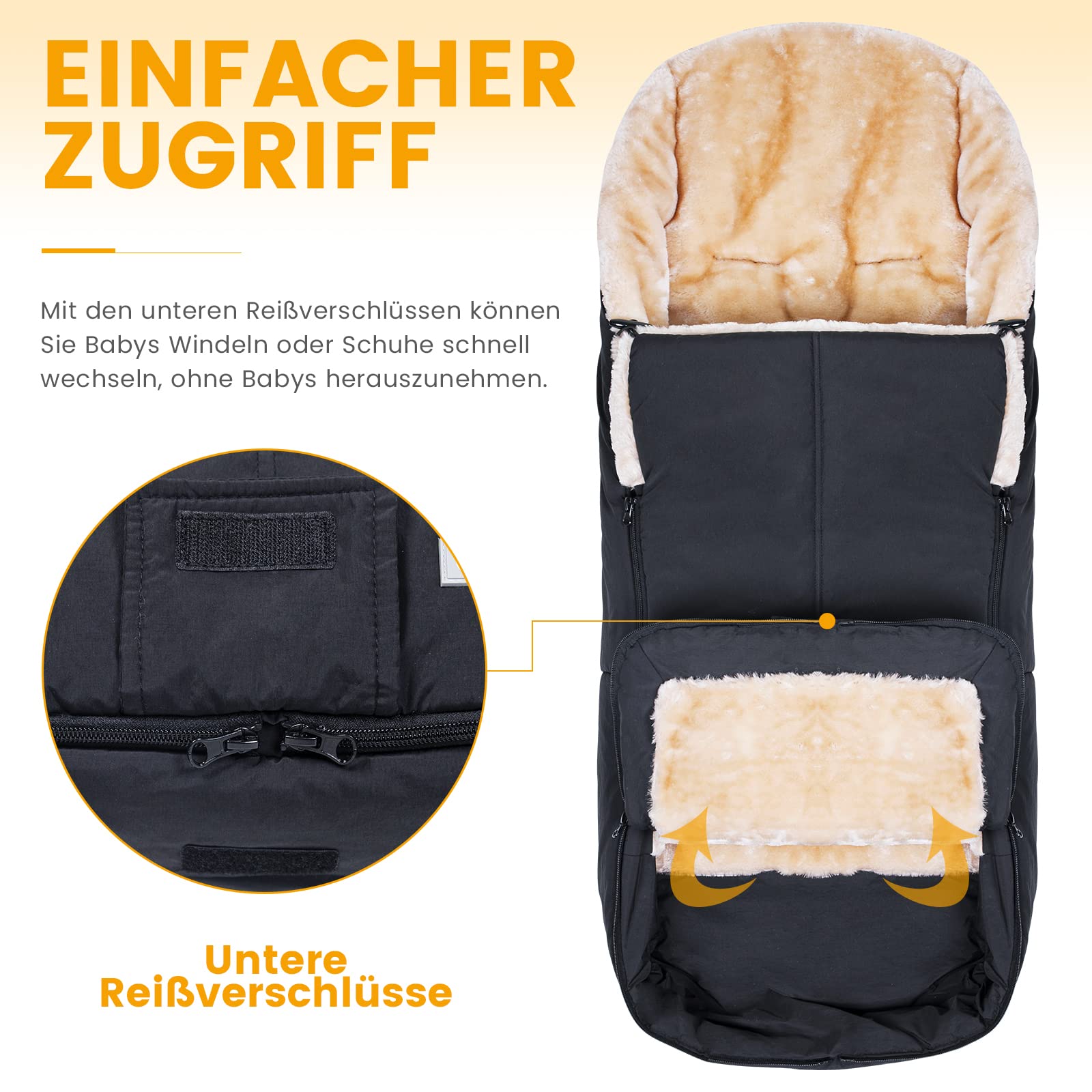 Orzbow Fußsack Buggy, Künstliches Lammfell Kinderwagen Winter, Reißverschluss, Abnehmbar, Wasserdicht, Maschinenwaschbar, Schwarz
