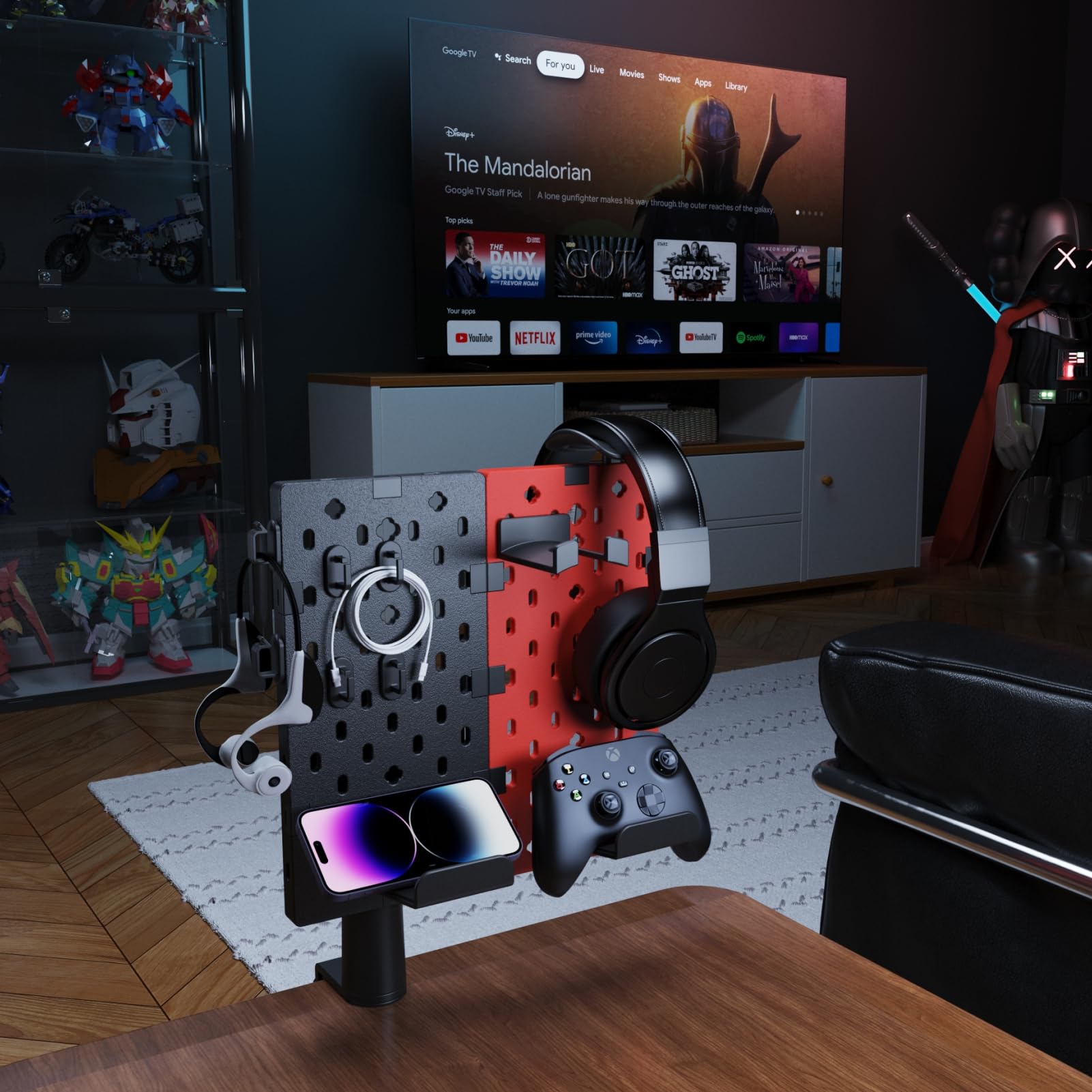 Kopfhörer- und Controller-Halter, drehbarer Gaming-Zubehör-Organizer, modularer Schreibtisch-Controller-Ständer mit Kabelhaken, 3 Stück, Schwarz