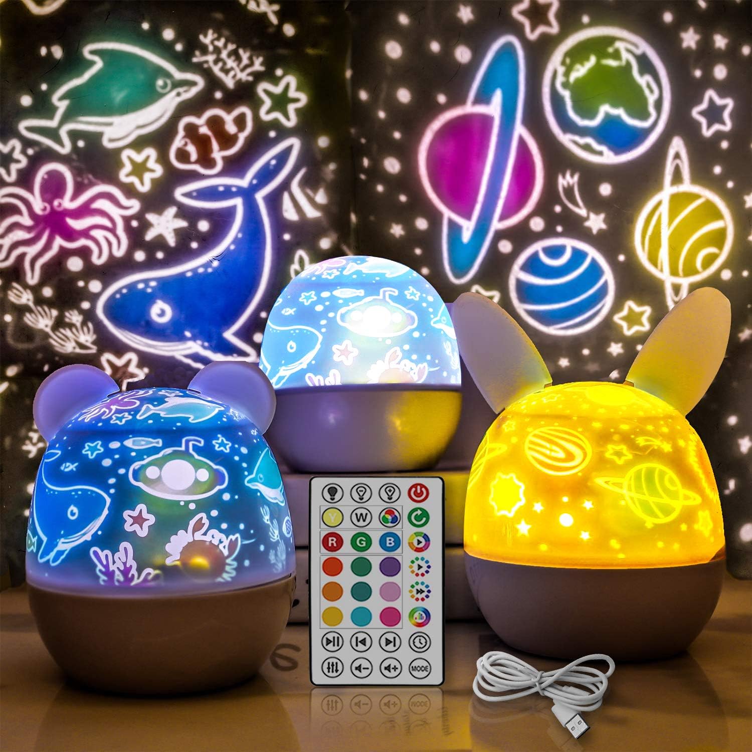 RENOOK Rechargeable Star Projector Night Light for Kids with Timer and Remote Control, 3 Appearances 5 LEDs 20 Colors, Rotation Lamp, Ocean Universe Dinosaur Birthday 7 Films, Glow in The Dark Stars