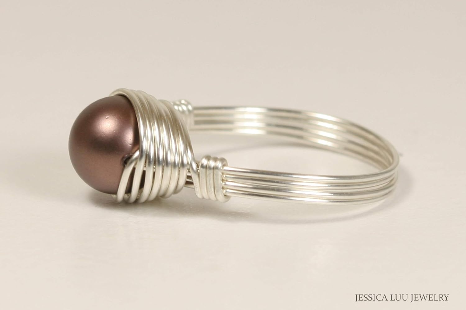 JESSICA LUU JEWELRY Brown Pearl Ring Sterling Silver or Gold 8mm Solitaire Wire Wrapped Handmade