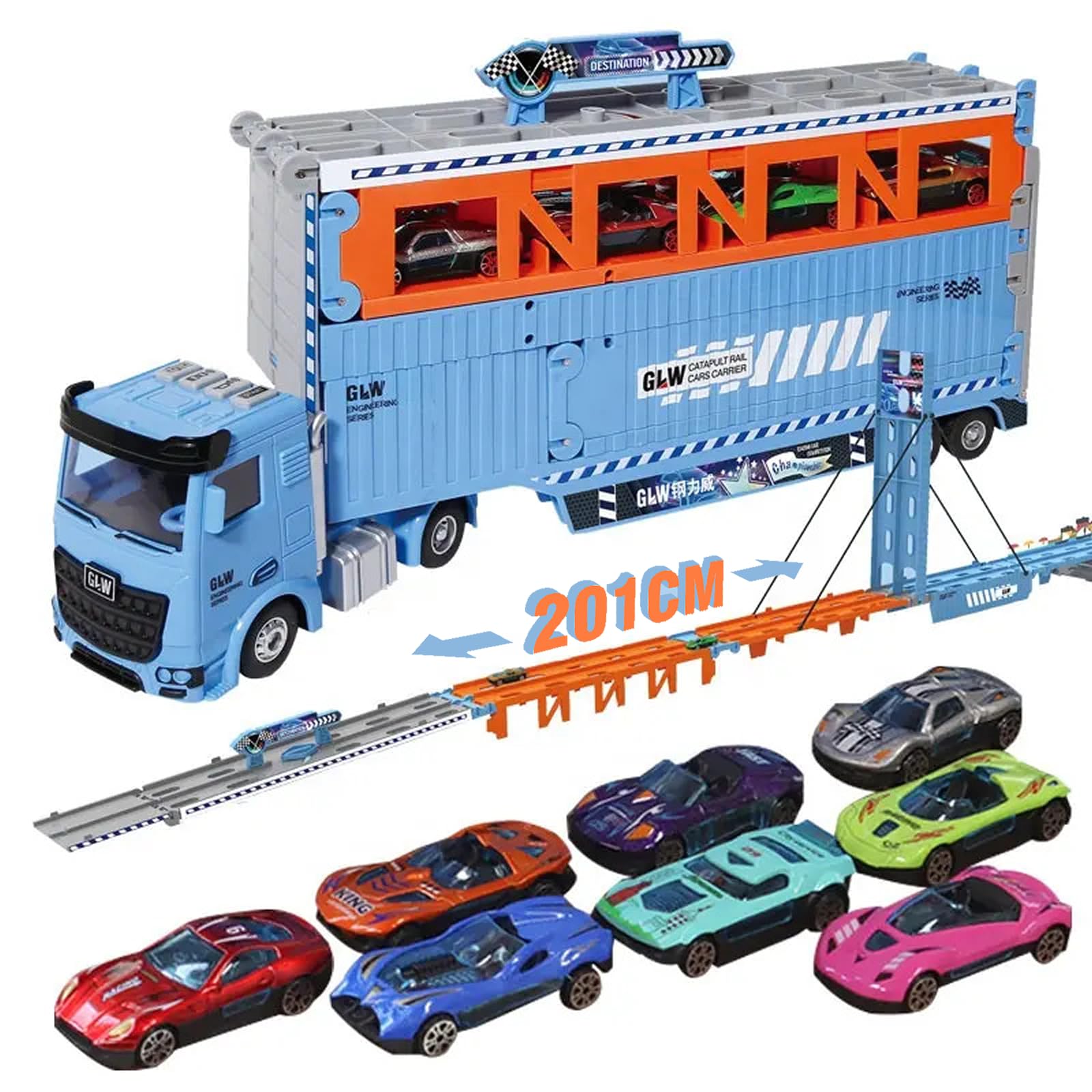 Camion Giocattolo per bambini, 201cm Pista da Trasporto Pieghevole Auto Eiettabile e 8 Auto da Corsa in Metallo, camion Porta Macchinine con Luci e Suoni, Regali per Bambini di 3 4 5 6+ Anni