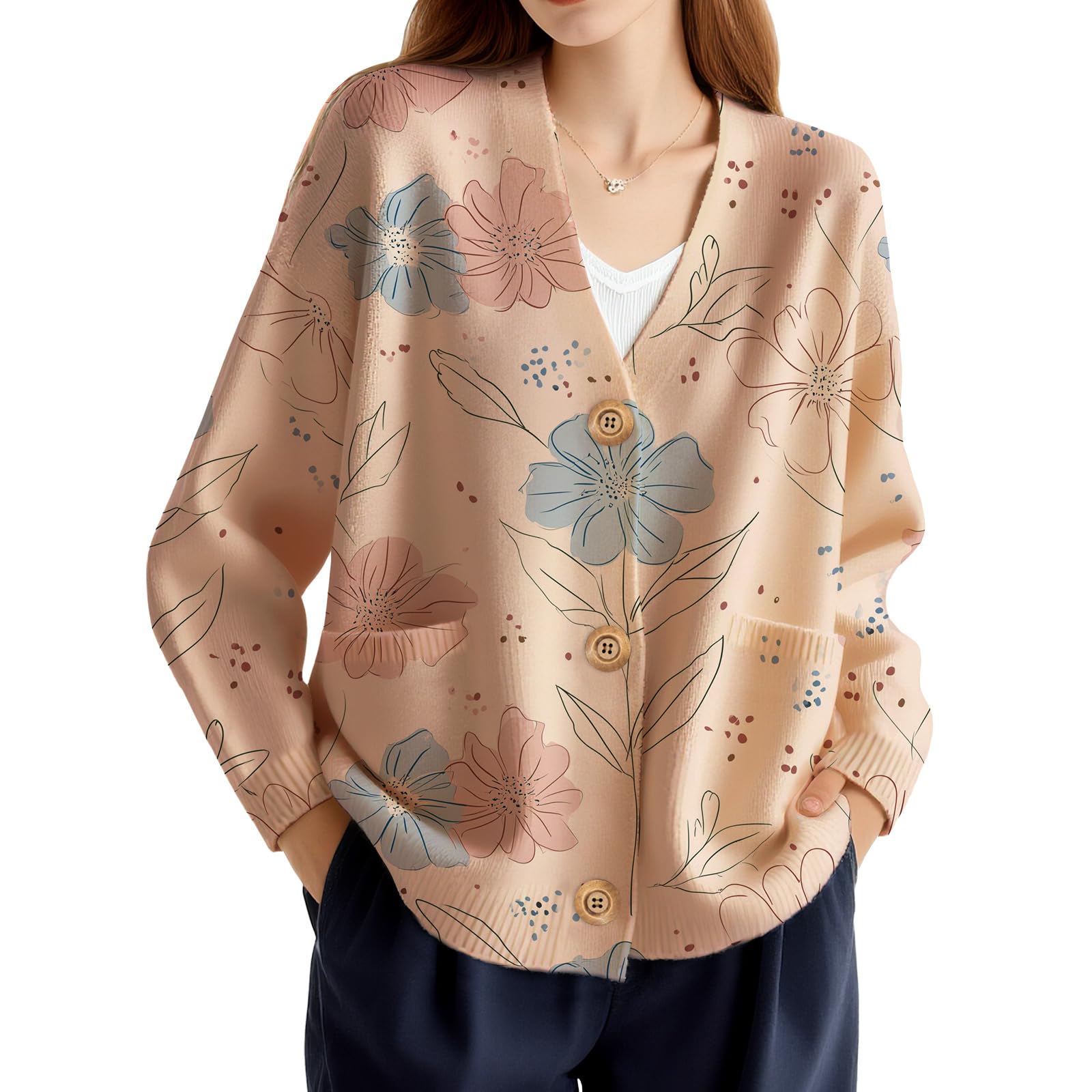Floral Print Cardigan Sweater for Women Fall Fashion Deep V Neck Long Sleeve Button Down Knit Sweaters with