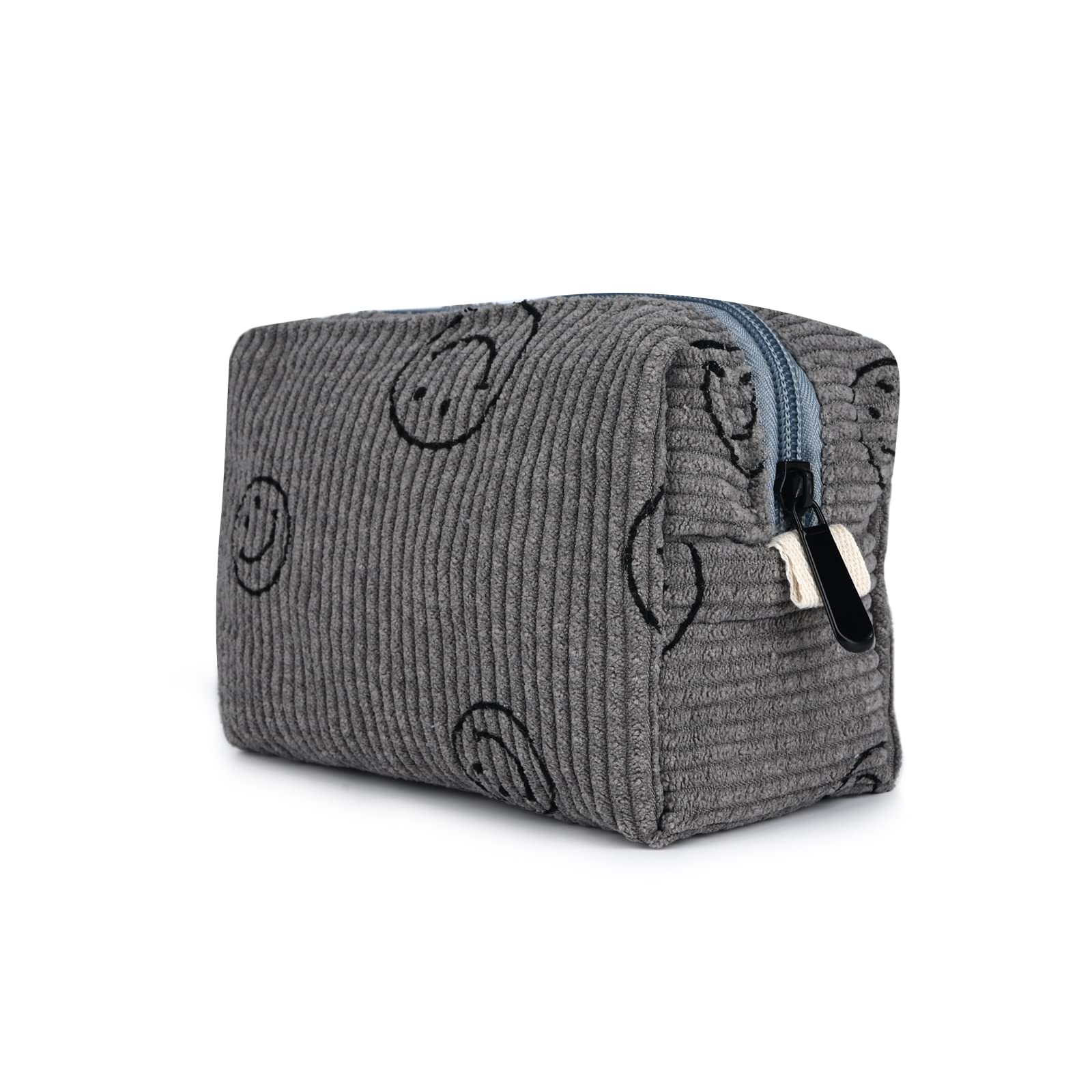 FycykoCompatible with Makeup Bag Cubic Square Smile Printing Corduroy Toiletry Bag Travel Makeup Pouch Organiser Mini Cosmetic Bag for Women Girls-Gray