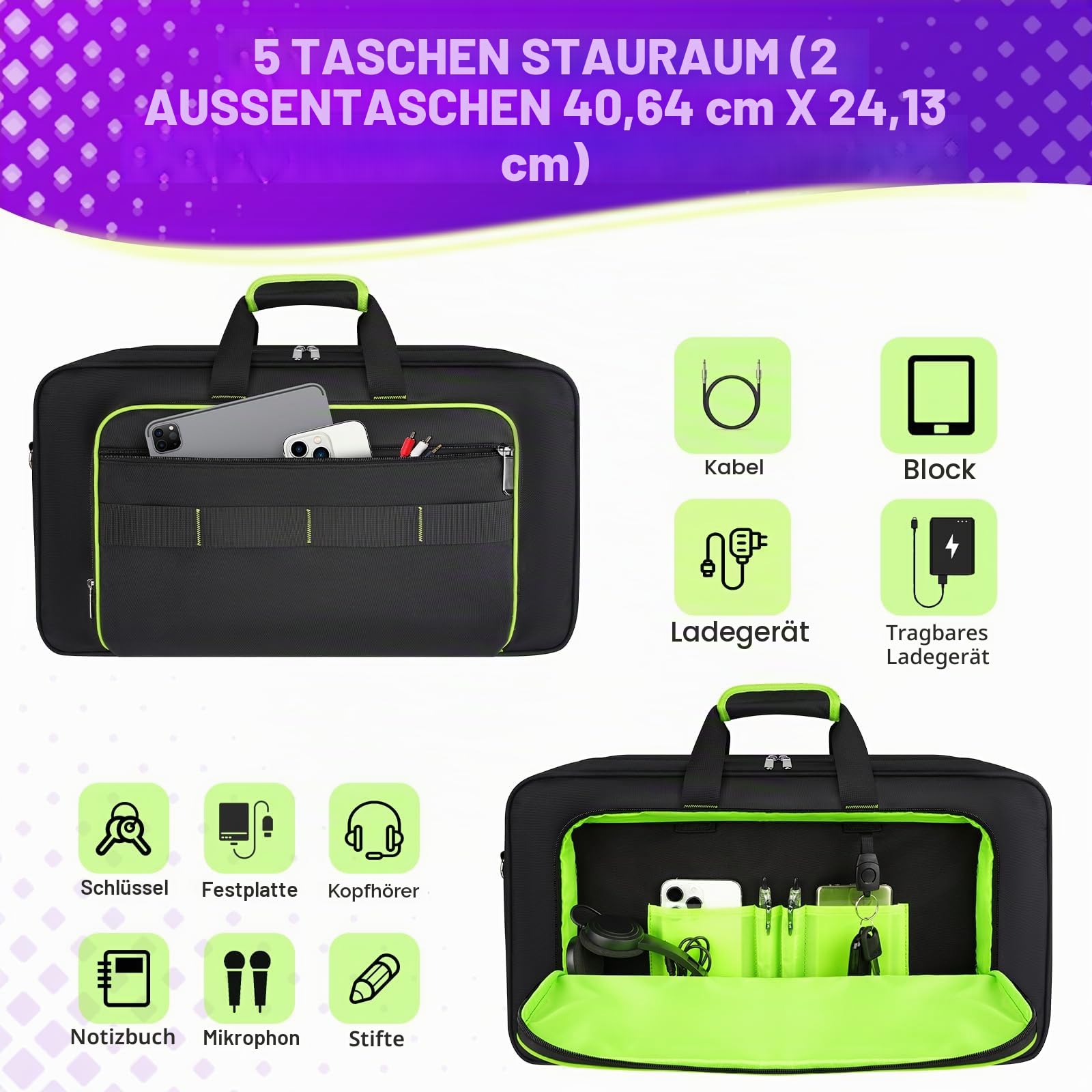 SNIGJAT DJ-Controller-Tasche für DDJ FLX4/DJ 400/DDJ REV1, gepolsterte DJ-Controller-Tasche mit 5 Taschen für Laptop, Kopfhörer, Kabel, DJ-Tragetasche mit verstellbarem Schultergurt, 54,6 x 30 x 6,3