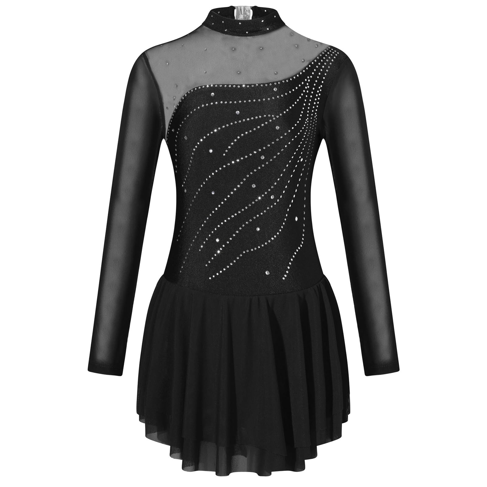 ranrann Robe Patinage Artistique Strass pour Fille Enfant Justaucorps Gymnastique Manche Longue Robe Danse Classique Brillant Costume Spectacle 5-16 Ans Noir 11-12 Ans