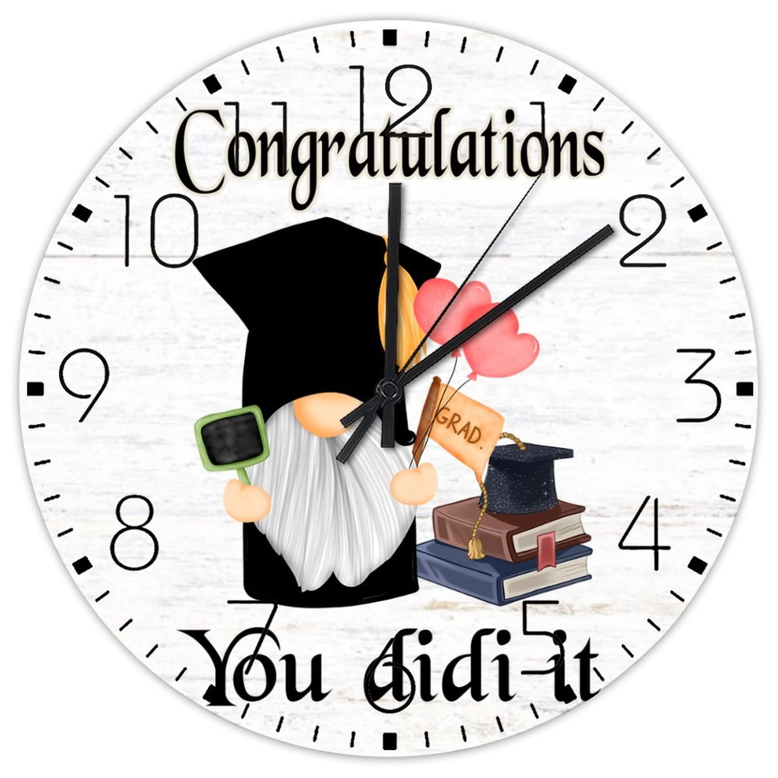 Wood Wall Clocks Analog Round Non-ticking Congratulations You Did It Gnome Beautiful Wall Clocks Graduates Party Coffee Decor for Workshop Lofts Art Room 10 Inch