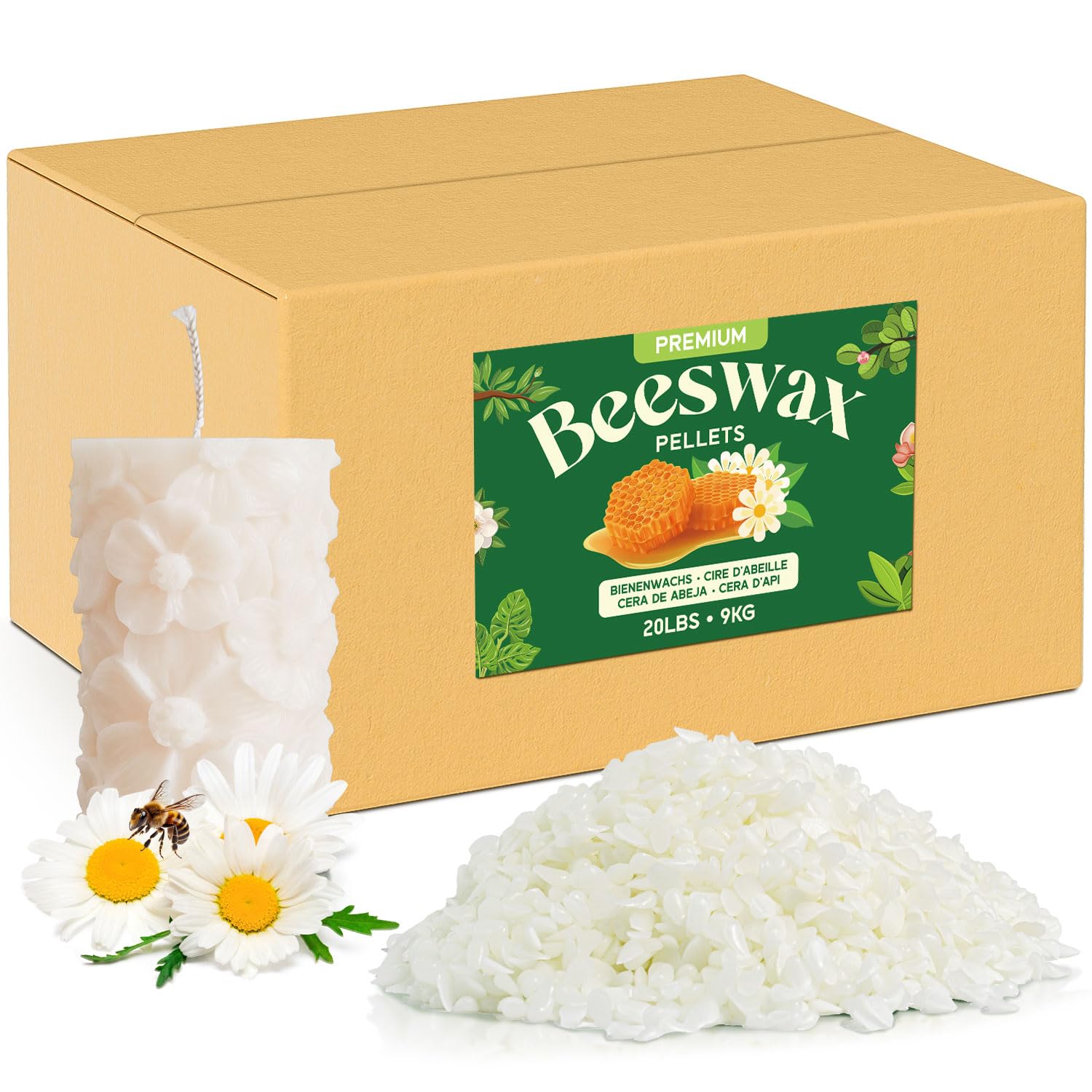 NORVENCE Bienenwachs Bio für Kosmetik, Weiße Bienenwachs Pastillen 9kg, Kerzenwachs für die Kerzenherstellung, Reines und natürliches Bienenwachs für Hautpflege, Lippenbalsam, Polieren und Lotion