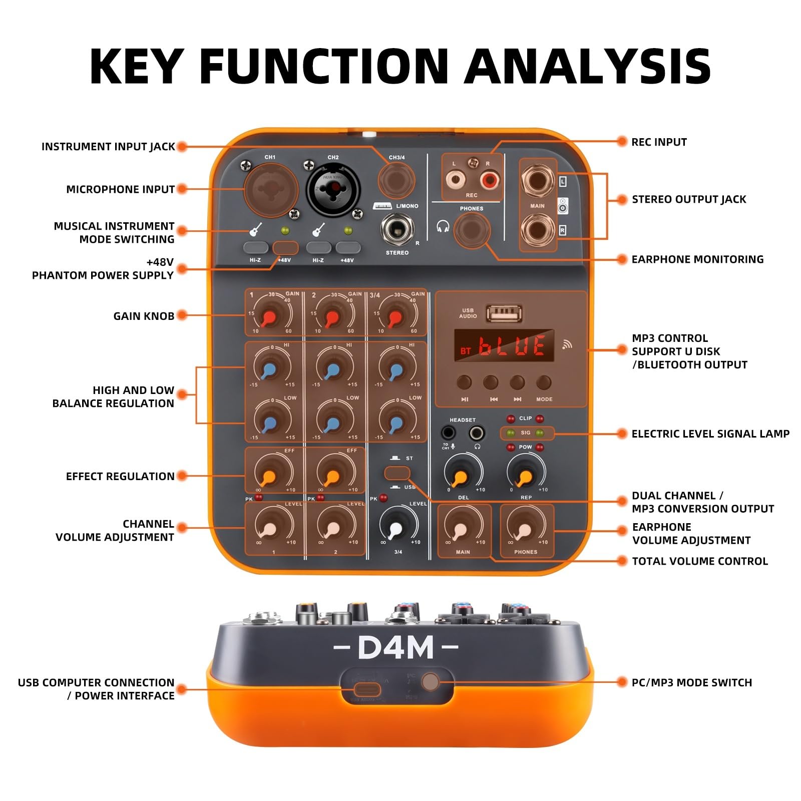 Controller DJ, Console di mixaggio con interfaccia a 4 canali Scheda audio USB Connettività Bluetooth 48V 5.0