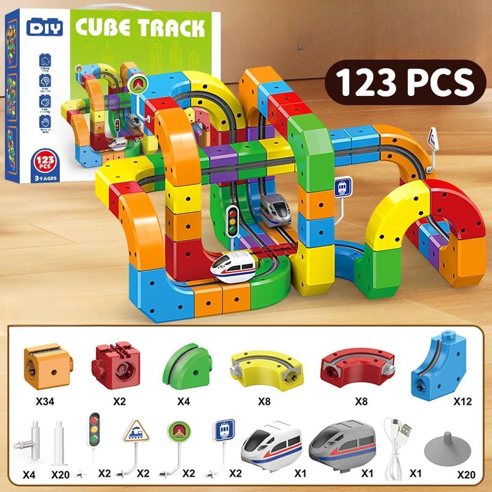 Juego de Tren Eléctrico Cubo Pista 3D Flexible Pista Modular 360 Tren Motorizado Señales Y Accesorios Construcción Manual Material PP Resist, 123 Piezas