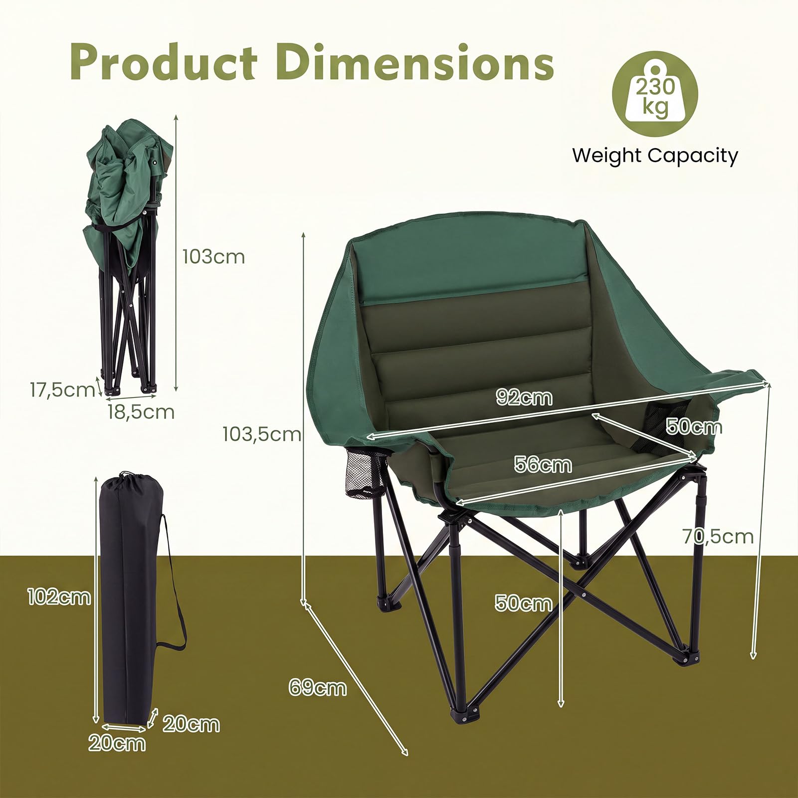 GOPLUS Chaise de Camping Pliante, pour Plage/Pêche/Randonnée | Fauteuil de Peche Surdimensionné Portable avec Porte-Gobelets, Poche en Maille et Sac de Transport pour Pêche Jardin Plage