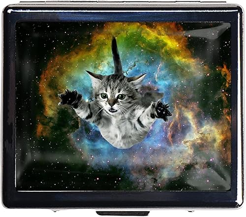 Miniatura 1 de Pastillero vintage plateado de 7 días de metal con espejo y 8 compartimentos, lindo organizador de pastillas de viaje para bolso (gato galaxia)