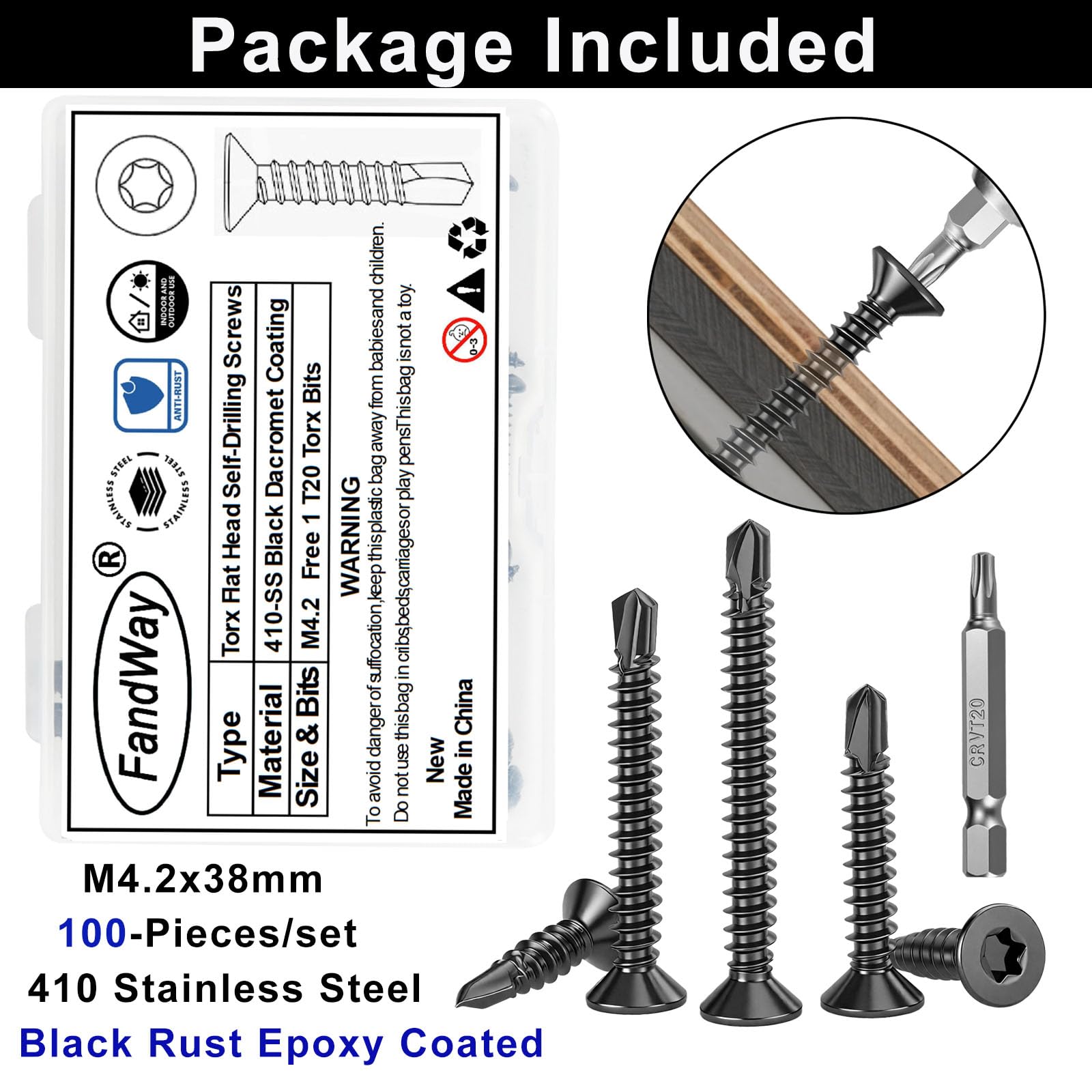100 sztuk wkrętów Torx, wkręty samowiercące, z łbem stożkowym, M4, 2 x 38 mm, samowiercące się wkręty ze stali nierdzewnej, 410, czarne, do metalowych, asortyment 1 bitów TX20