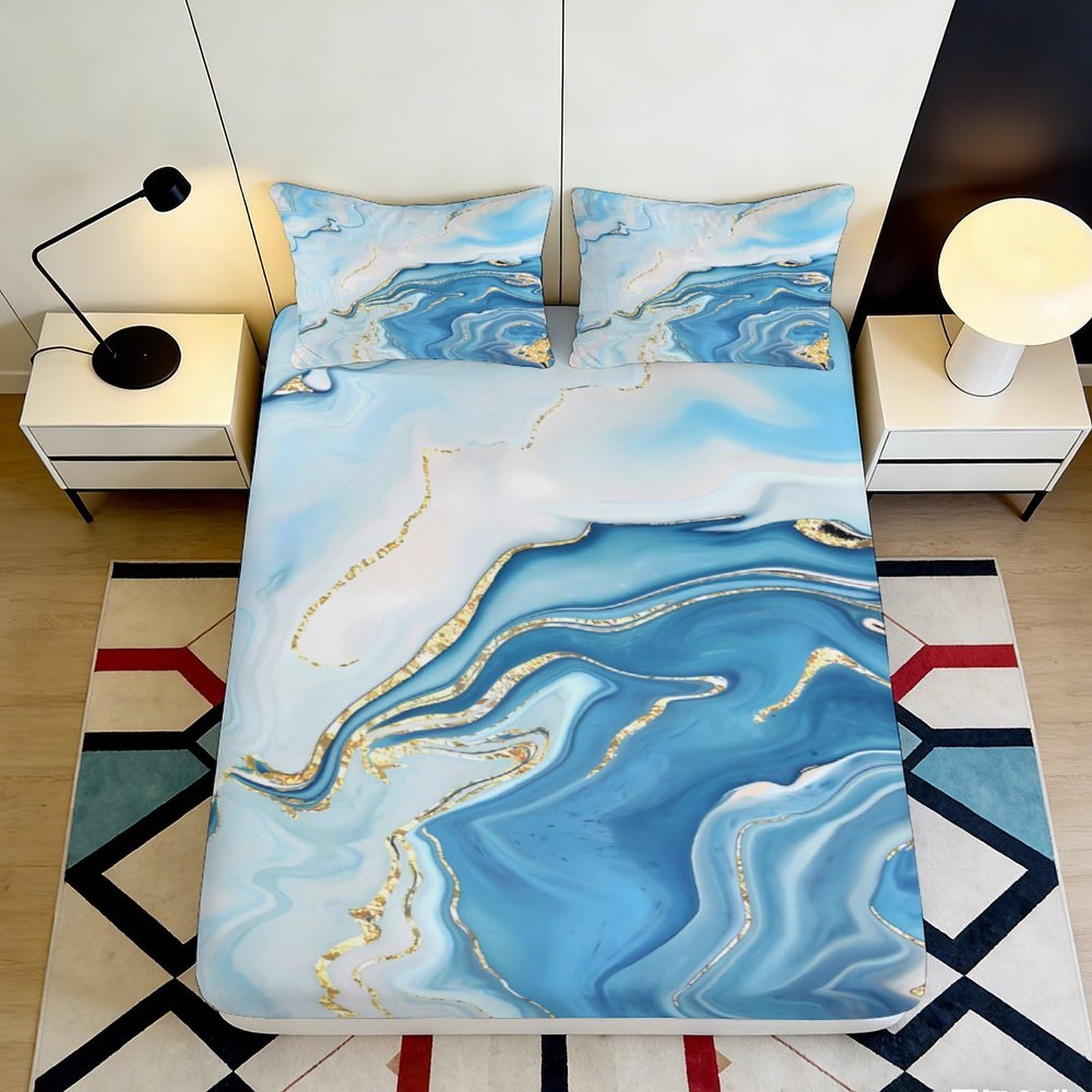3D Printed Blue Marble Fitted Sheet Microfiber Soft 3D Swirl Bed Cover for Bedroom Dormitory Guest Room Mattress Protection Decor 160x200x25cm