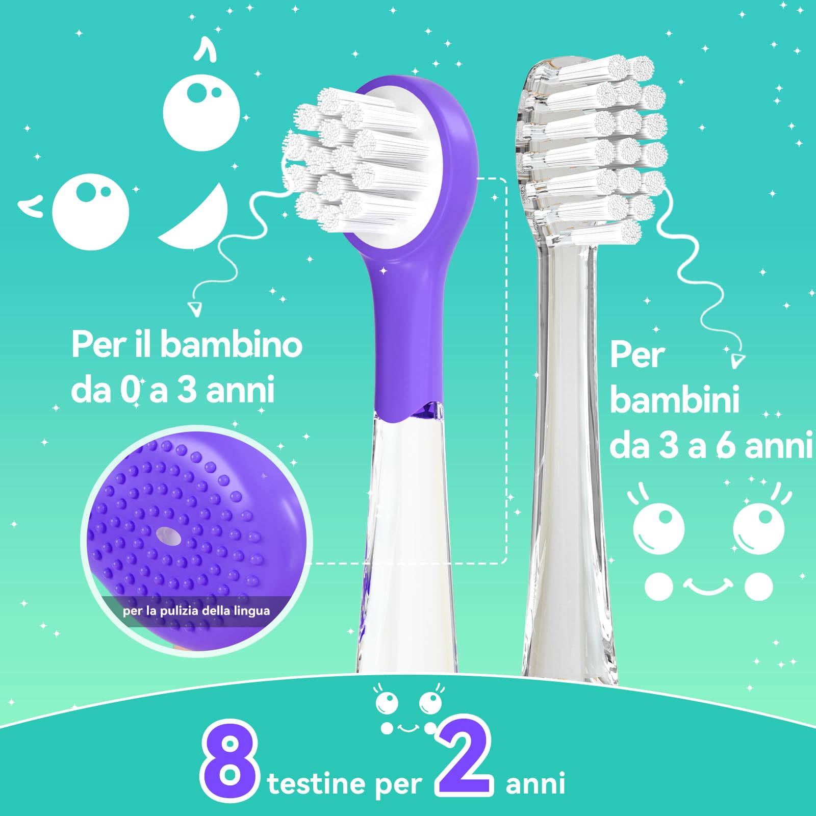 Spazzolino Elettrico Bambini Spazzolino Denti Elettrico Spazzolini Elettrici Spazzolino Bambini 0-6 Anni Spazzolino Da Viaggio Con 8 Testine Per, Luce LED, modello balena SG-2139,Viola