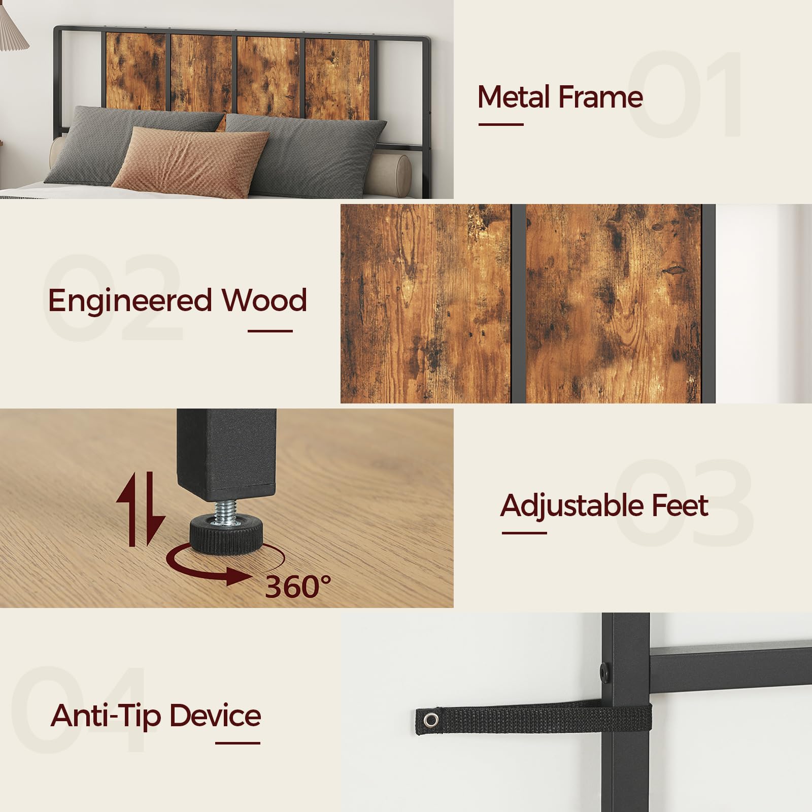 Cabecera tamaño Queen solamente, cabecera de metal con adaptadores, estilo industrial minimalista para camas tamaño Queen, marrón rústico y negro 9