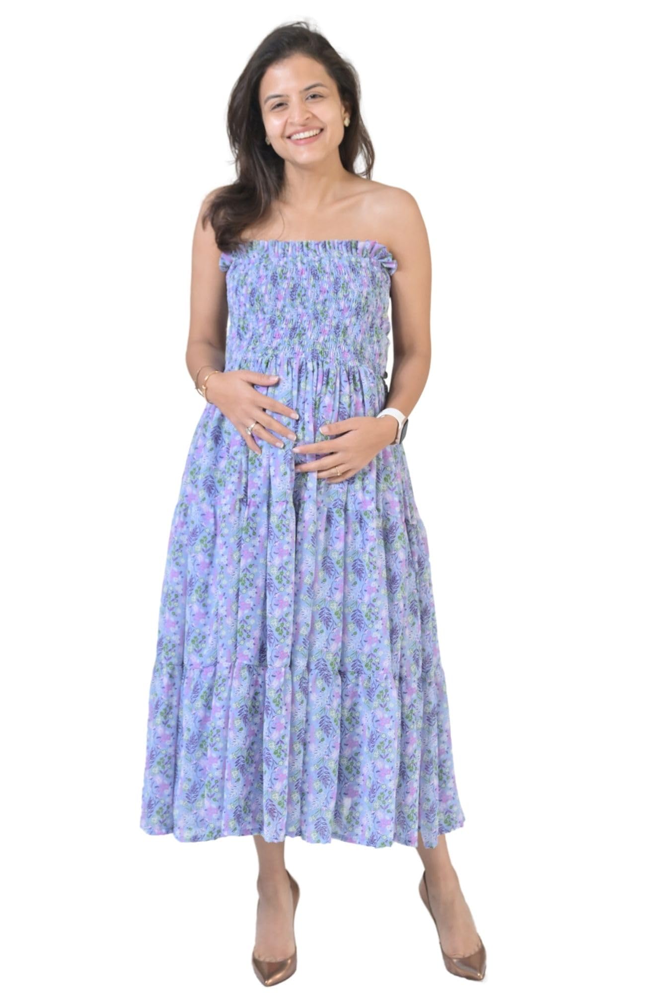 Pretty Blue Chiffon Floral Maternity Off-Shoulder Dress for Women-image-41