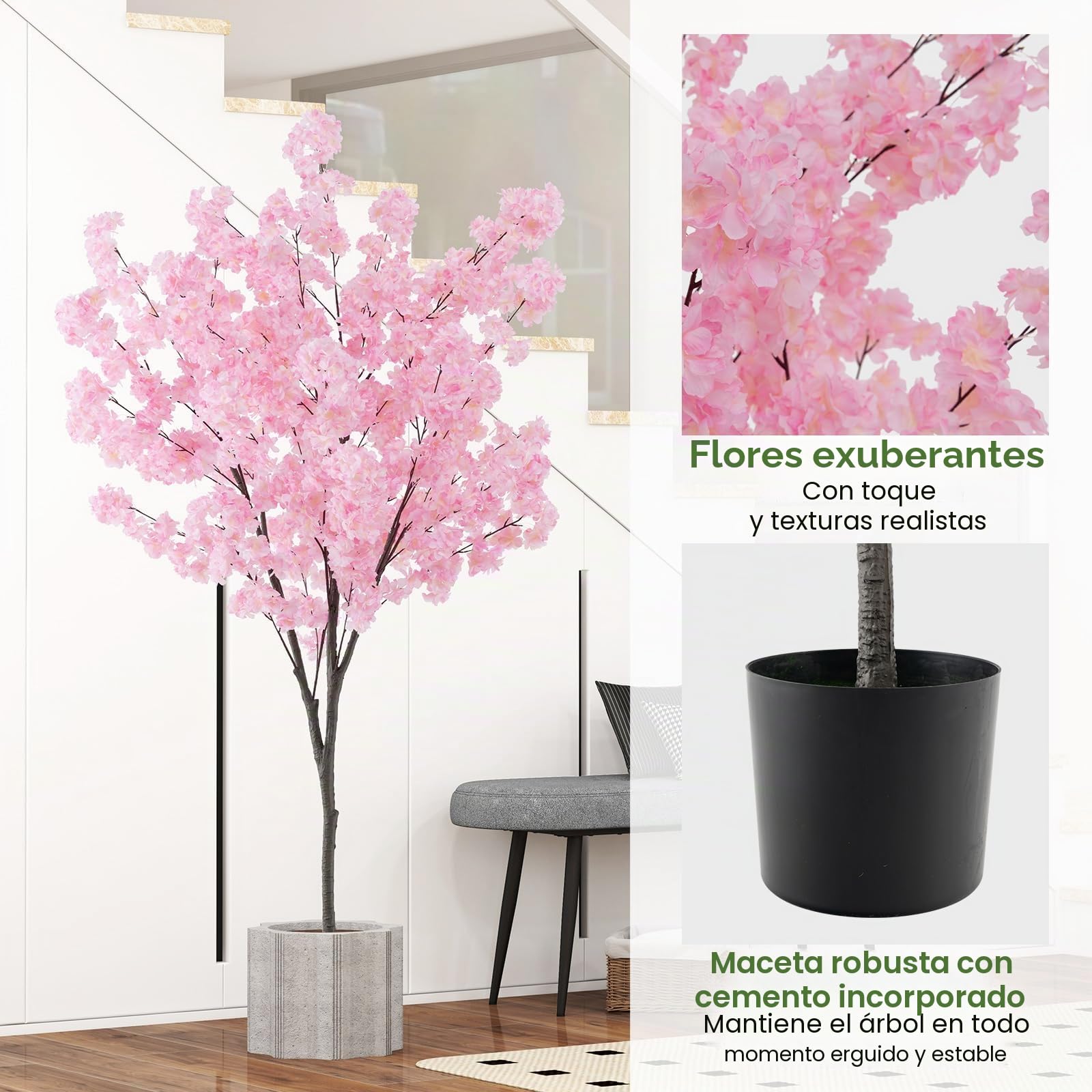 RELAX4LIFE Planta Artificial Decorativa Sakura 190 cm, Planta Artificial con Maceta, Planta Artificial Grande con 1170 Flores para Salón, Dormitorio, Oficina y Entrada (Rosa)