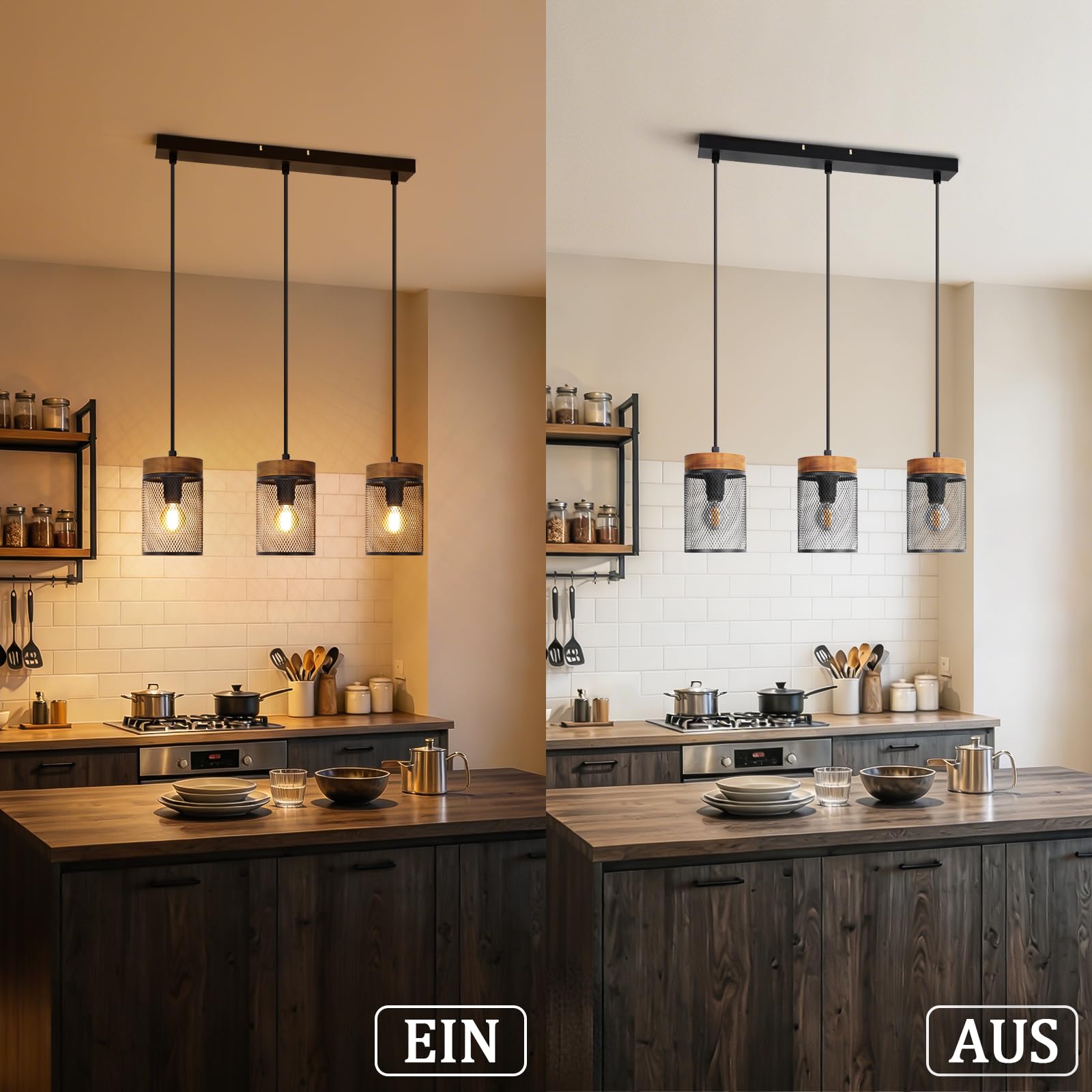 ZMH Lámpara colgante de comedor de madera negra lámpara colgante vintage | de 3 bombillas E14, estilo industrial, lámpara de comedor, lámpara colgante retro para salón - bombillas no incluidas