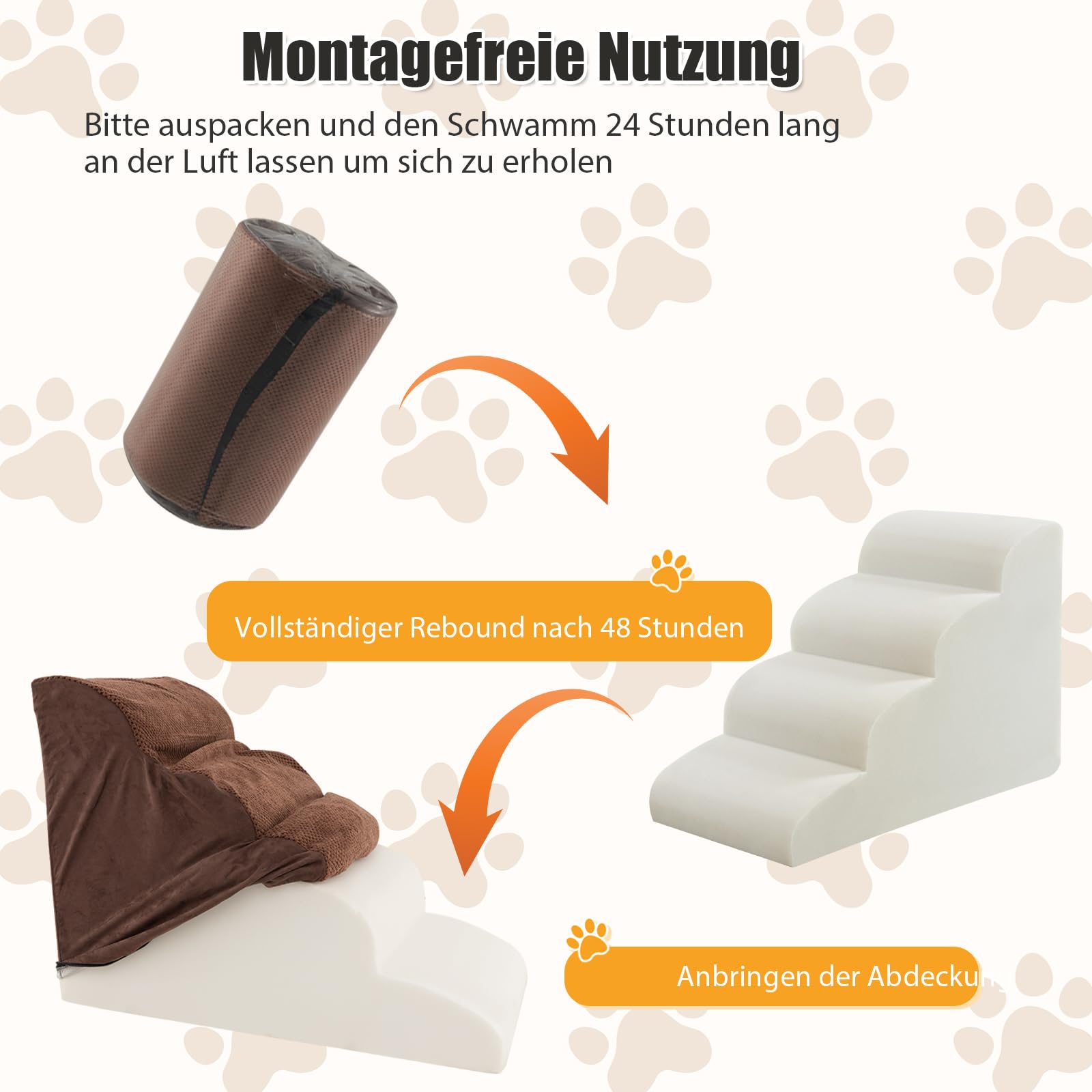 SOARS Scaletta per Cani a 4 Gradini in Spugna, Rampa per Animali Copertura Rimovibile e Lavabile Antiscivolo con Spazzola, Scala per Divano e Letto, per Cuccioli e Anziani, 72 x 41 x 51 cm (Marrone)