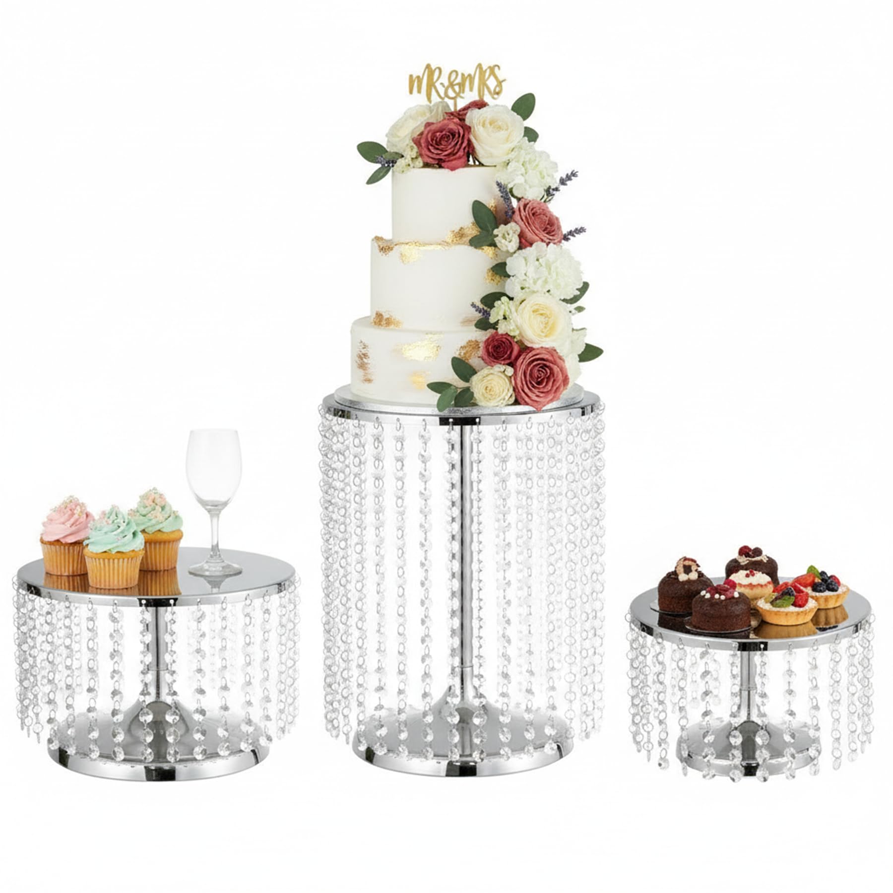 LoveCat Kuchen Ständer, Runde Metall Kuchen Stand, Acryl Anhänger Kuchen Display Ständer, Charming Kuchen Halter Racks für Geburtstagsparty Bankett Hochzeit Jubiläum Weihnachten (Silver, 3 pcs)