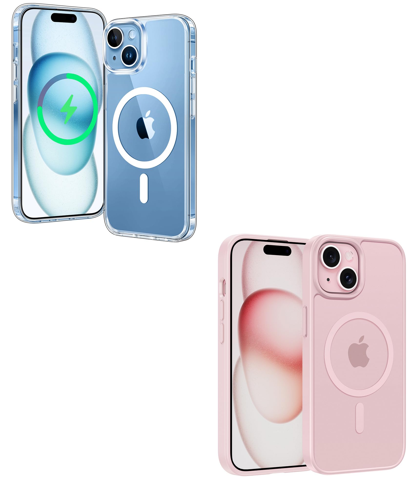 FNTCASE for iPhone 15 Case: Support Magnetic Charging Military Grade Protection Non Yellowing Phone Cover (Magnetic Clear & Translucent Matte Pink)