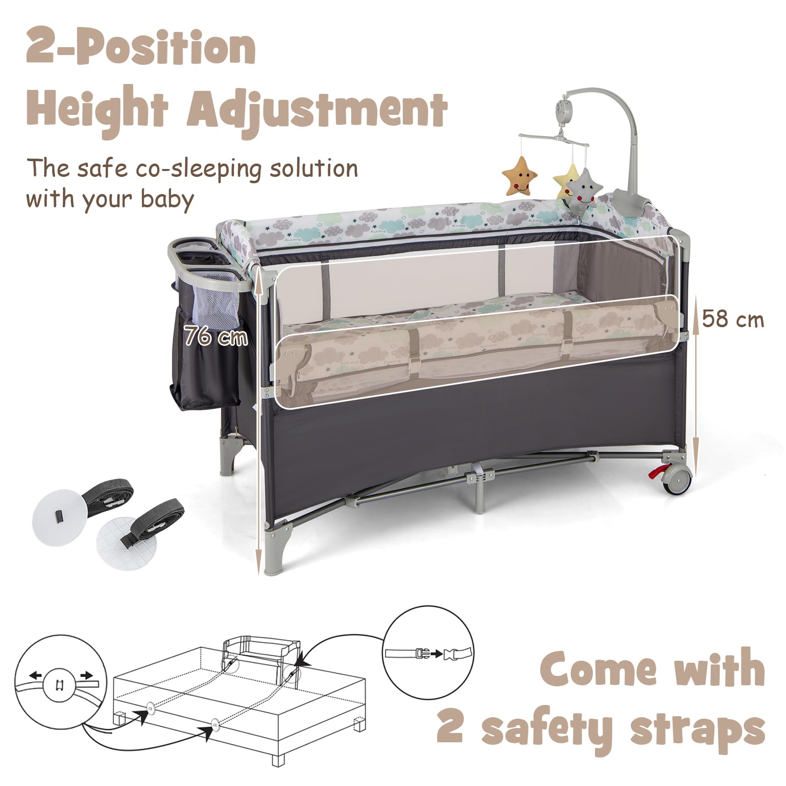 LIFEZEAL Lettino da Campeggio, Lettino per Bambini 0-3 Anni, Culla da Viaggio, Box, Co-sleeping, con Materasso, Fasciatoio, Giostrina, Ruote, Borsa, Pieghevole, Portatile, 125x65x119 cm (grigio)