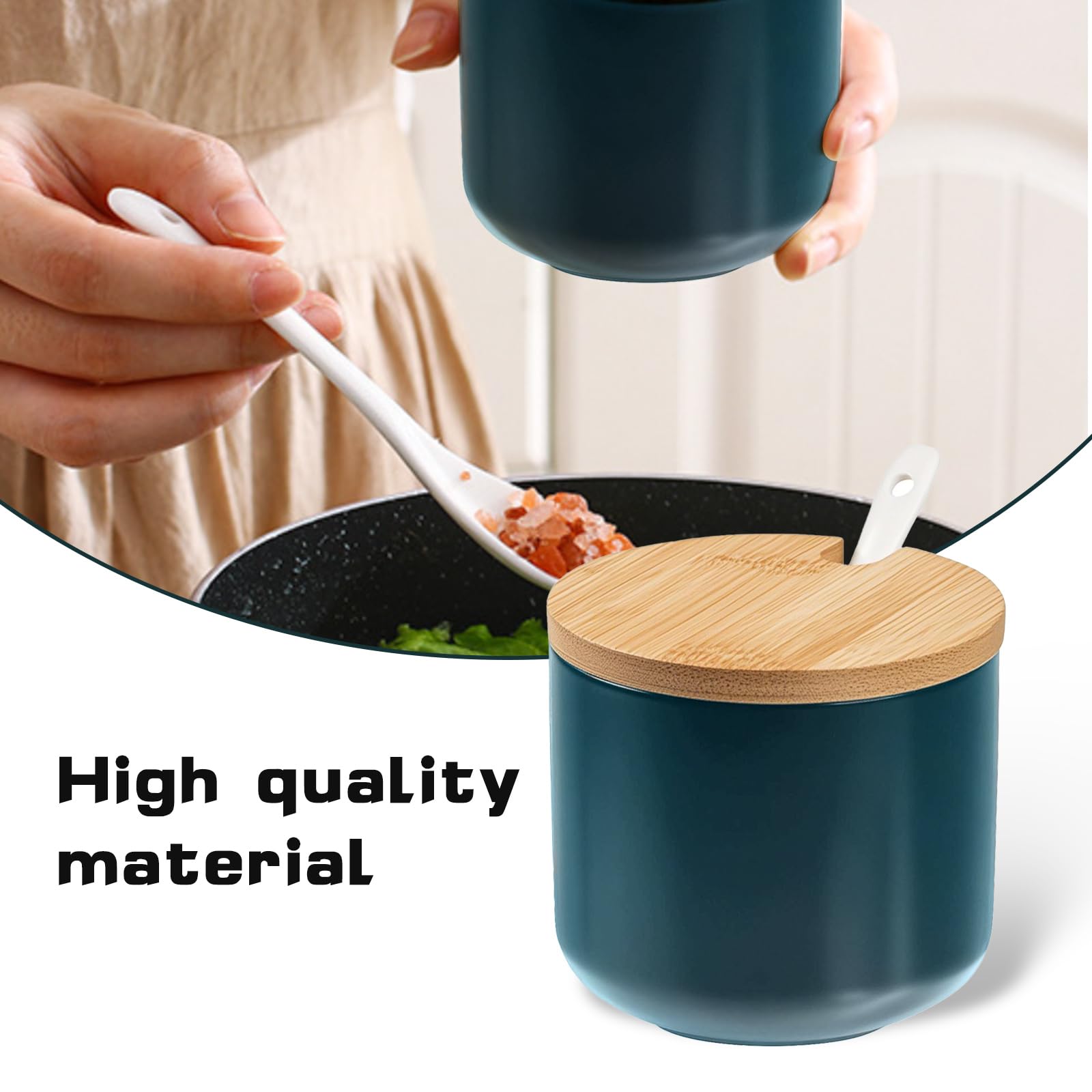 Salière en céramique avec couvercle en bois et cuillère, élégante salière avec couvercle en vert émeraude, récipient à sel moderne pour cuisine et table, pot à sel élégant avec cuillère