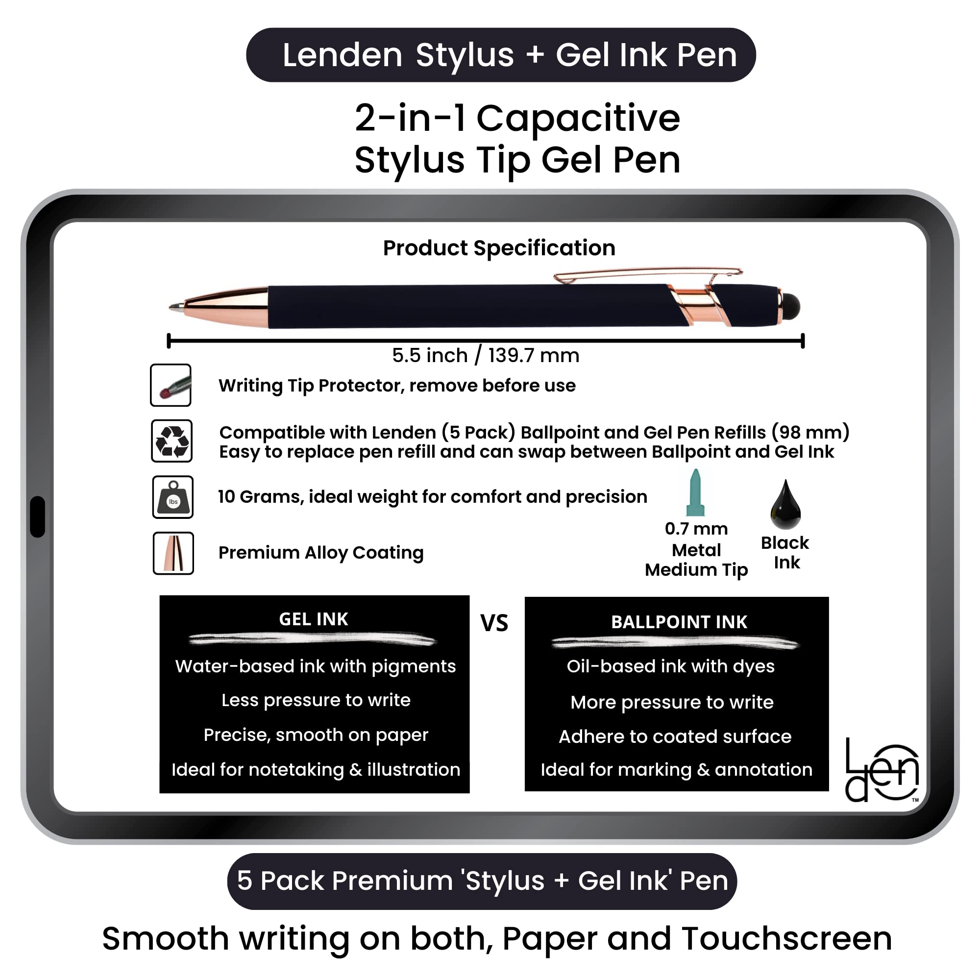Lenden Paquete de 5 bolígrafos de tinta de gel 2 en 1 con punta capacitiva, punta media de metal premium, tinta negra, compatible con la mayoría de pantallas táctiles (morado)