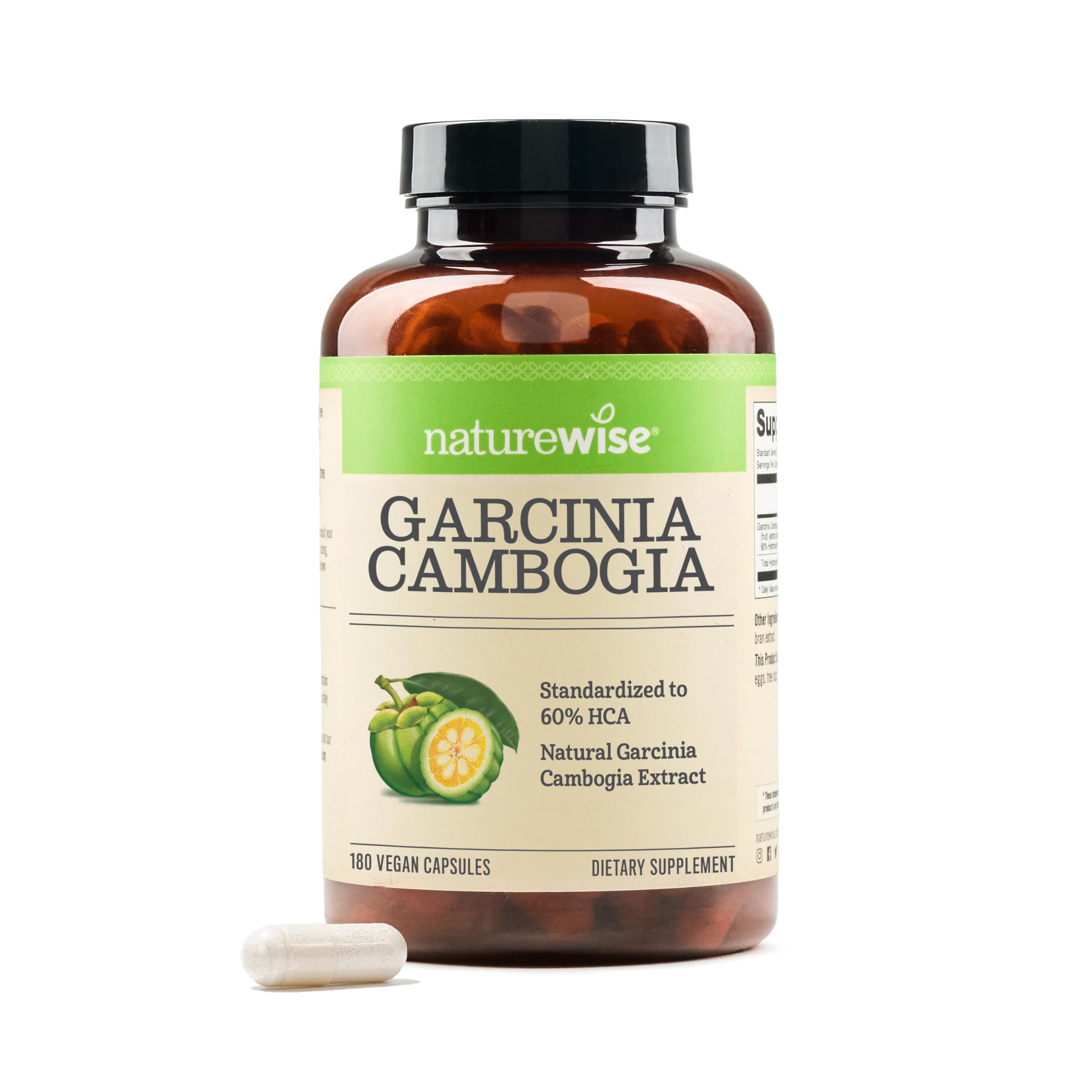 Naturewise Garcinia Cambogia - 60% HCA Concentration Extract, Natural Support for Weight Goals and Energy Levels - Vegan, Non-GMO, Gluten Free - 180 Capsules[2-6 Month Supply]Naturewise Garcinia Cambogia - 60% HCA Con…