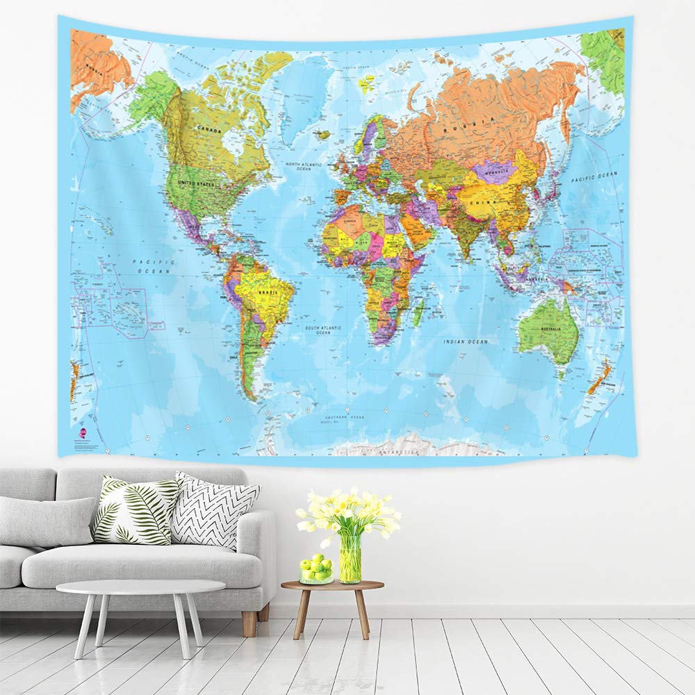 JAWO World Map Tapestry, Educational Geography Countries Capital Cities Wall Tapestry, Wall Art Hanging for Bedroom Living Room Dorm 71X60Inches Wall Blankets