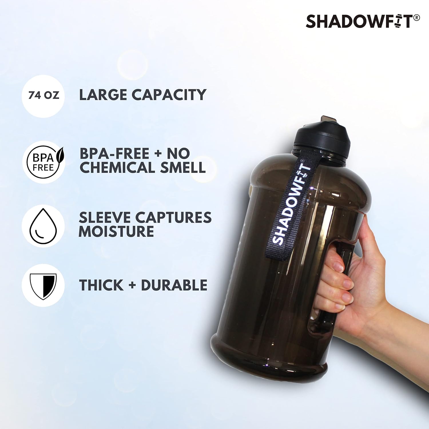Shadowfit Half Gallon Water Bottles (74 ounce, 2.2 Liter) with Straw Lid Handle and Storage Sleeve - Large Jug Holder with Strap for Drinking during Workout and Exercise