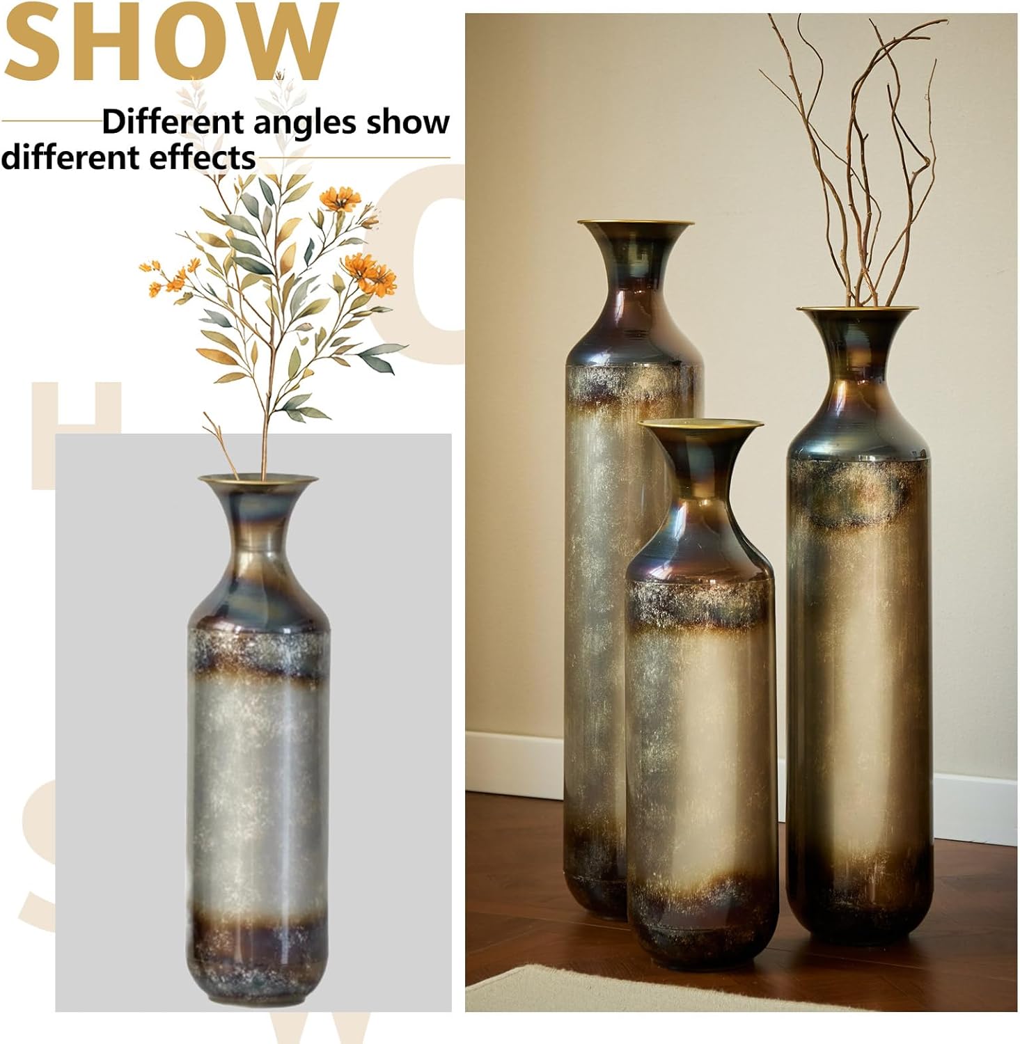 Vase Set of 3, Tall Vases for Decor Living Room Floor, Floor Vases Home Decor Large Tall, Cylindrical, Plush Textures, Gold Finishes, Metal (Gold)