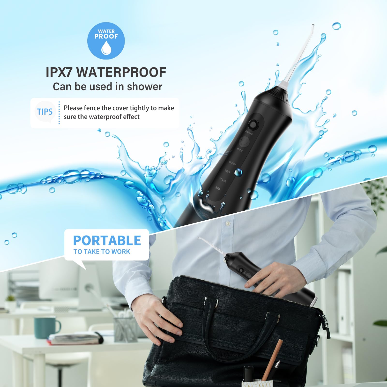Púas de hilo dental de agua para limpieza de dientes inalámbrica, 60-160 PSI de alta presión, portátil, eléctrico, limpiador de dientes, cable USB C de 320 ml, irrigador oral recargable para viajes en