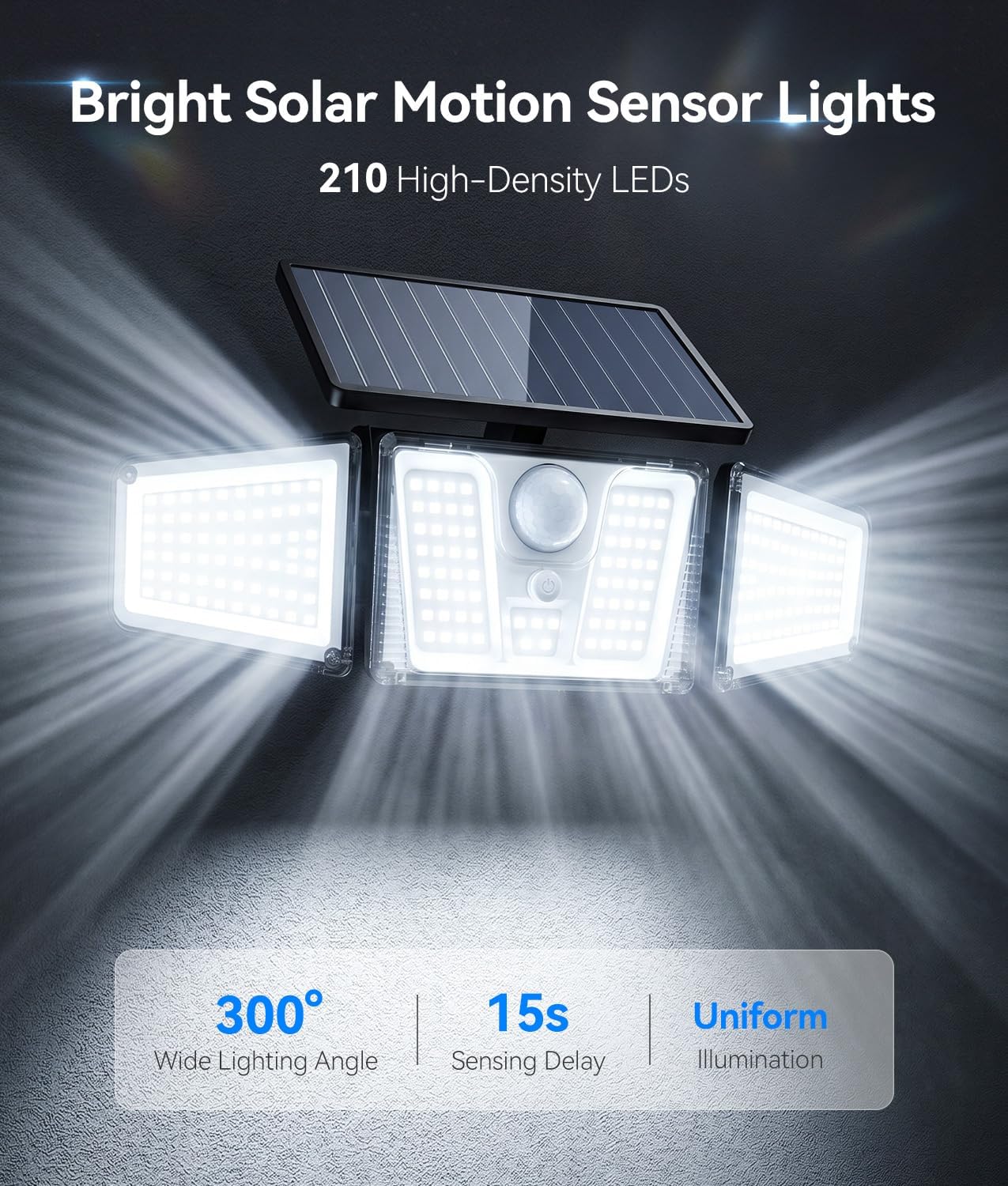 KOOPER Solar Flood Lights, 210 LED Motion Sensor Outdoor Lights, Solar Motion Lights Outdoor Waterproof, 3 Heads 300° Wide Angle Outdoor Security Lights for Yard Patio Garage Entryways, 1 Pack, Black