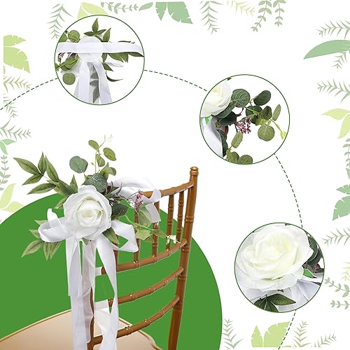 Miniatura 5 de Decoraciones de pasillo de boda, 6 rosas artificiales con cinta para decoración de pasillo de boda, decoración de silla de flores para bodas y