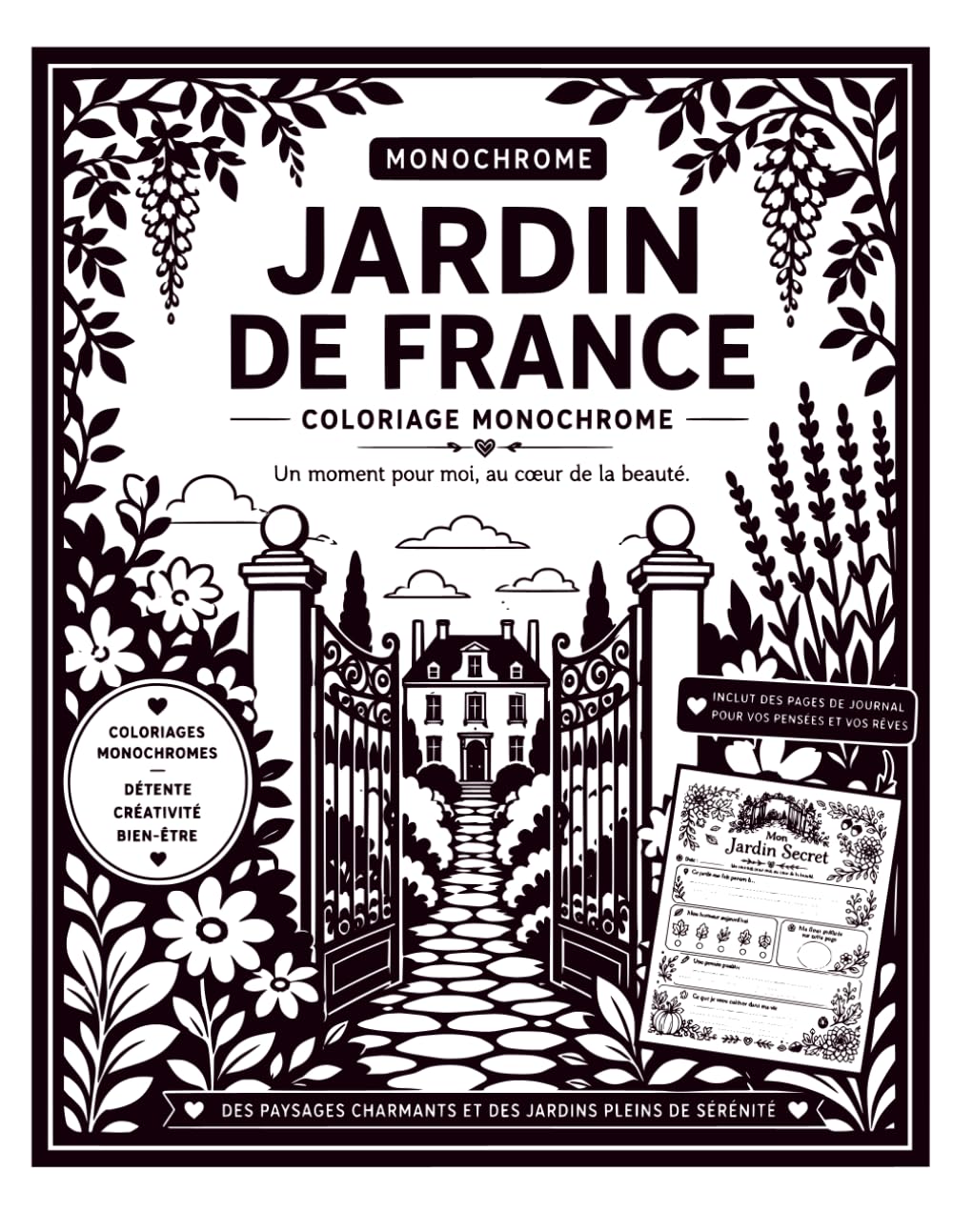 Jardins de France coloriage monochrome: des scènes à colorier inspirées des plus beaux jardins français, accompagnées de pages de réflexion et de détente.