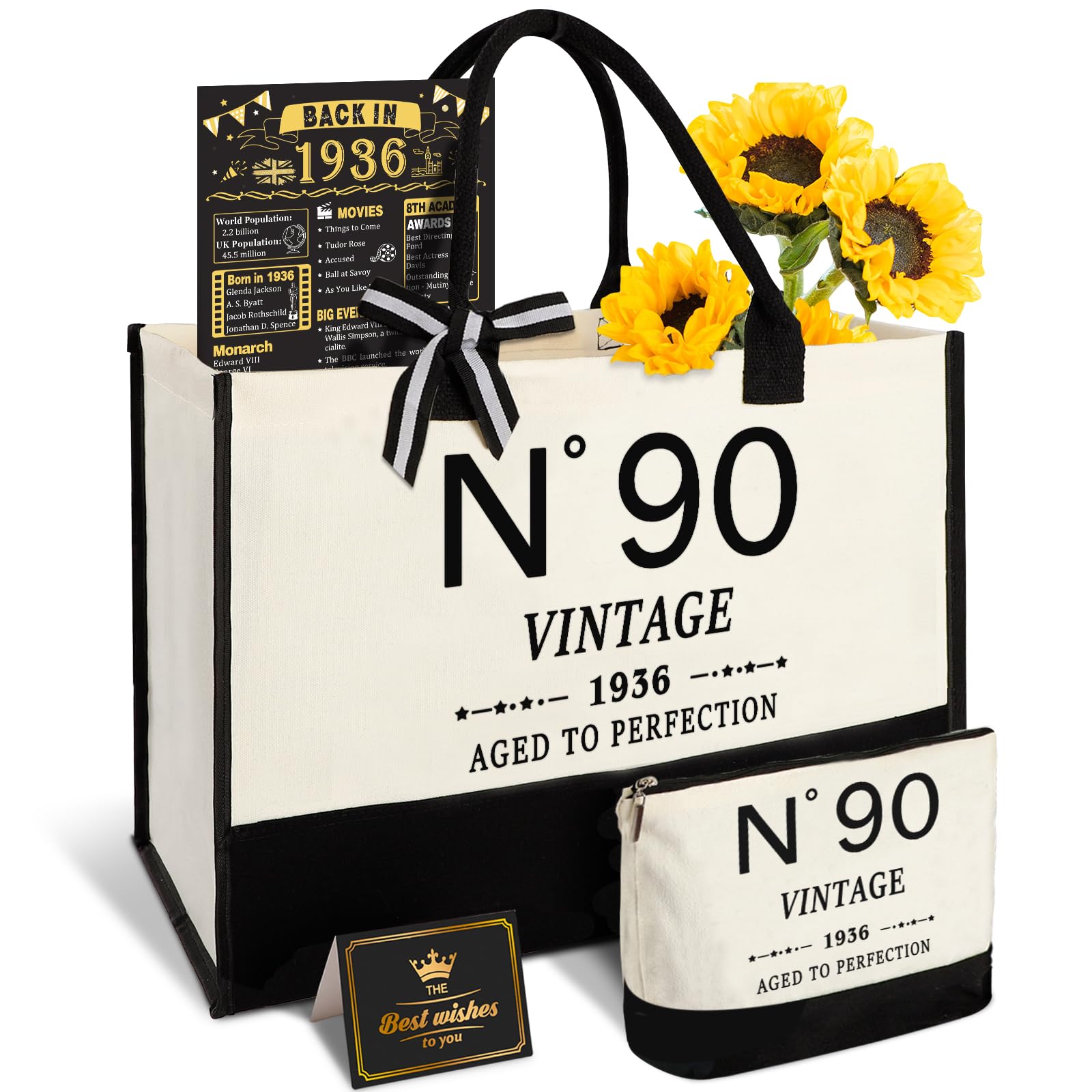 Amosking 90th Birthday Gifts for Women Canvas Tote Bag, Unique 90 Years Old Gifts for Wife Mum Aunt Sister Friends Her, Vintage N°90 Handbag & Cosmetic Bag & Back in 1936 Poster