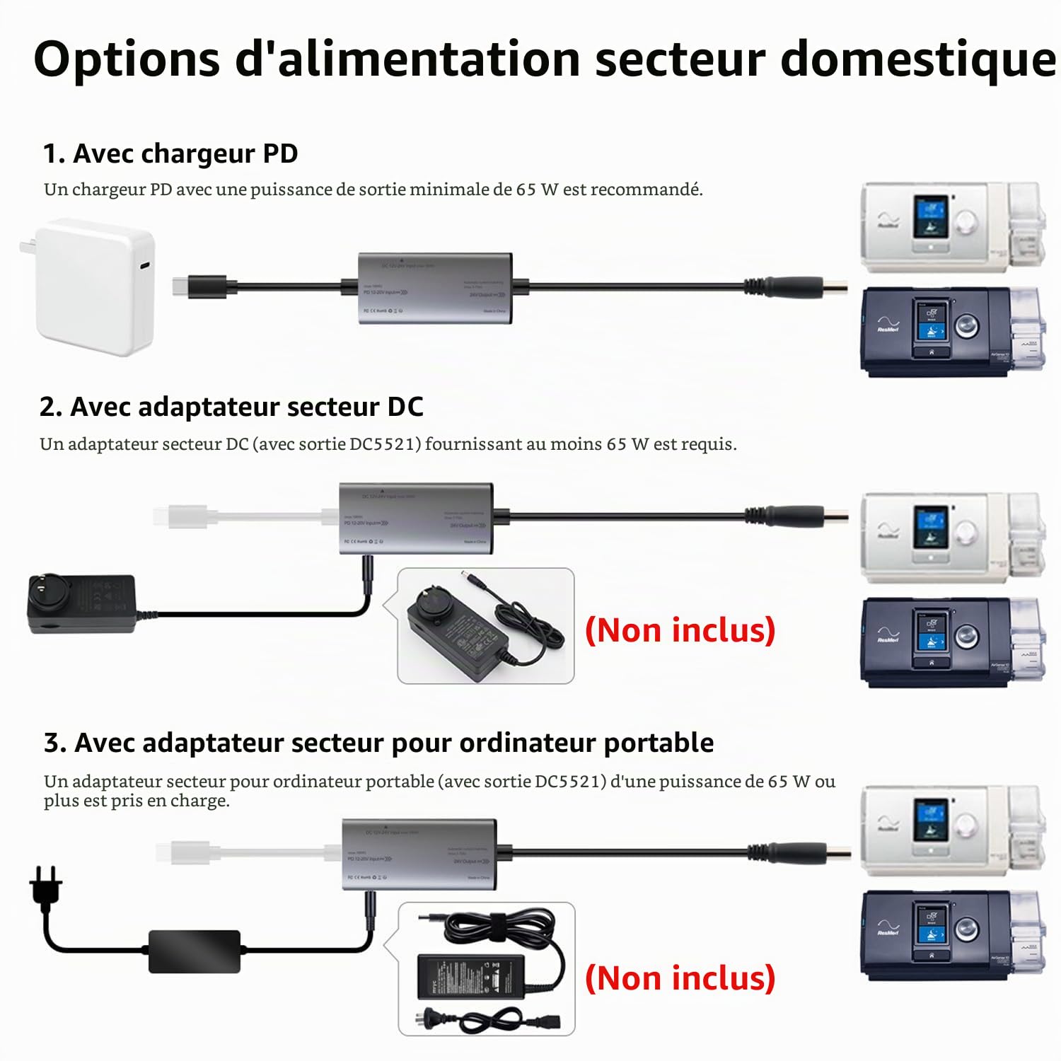 STAIGO Câble d'alimentation USB-C ResMed S10 PD pour Resmed S10/AirSense 10/AirCurve 10 Convertisseur DC