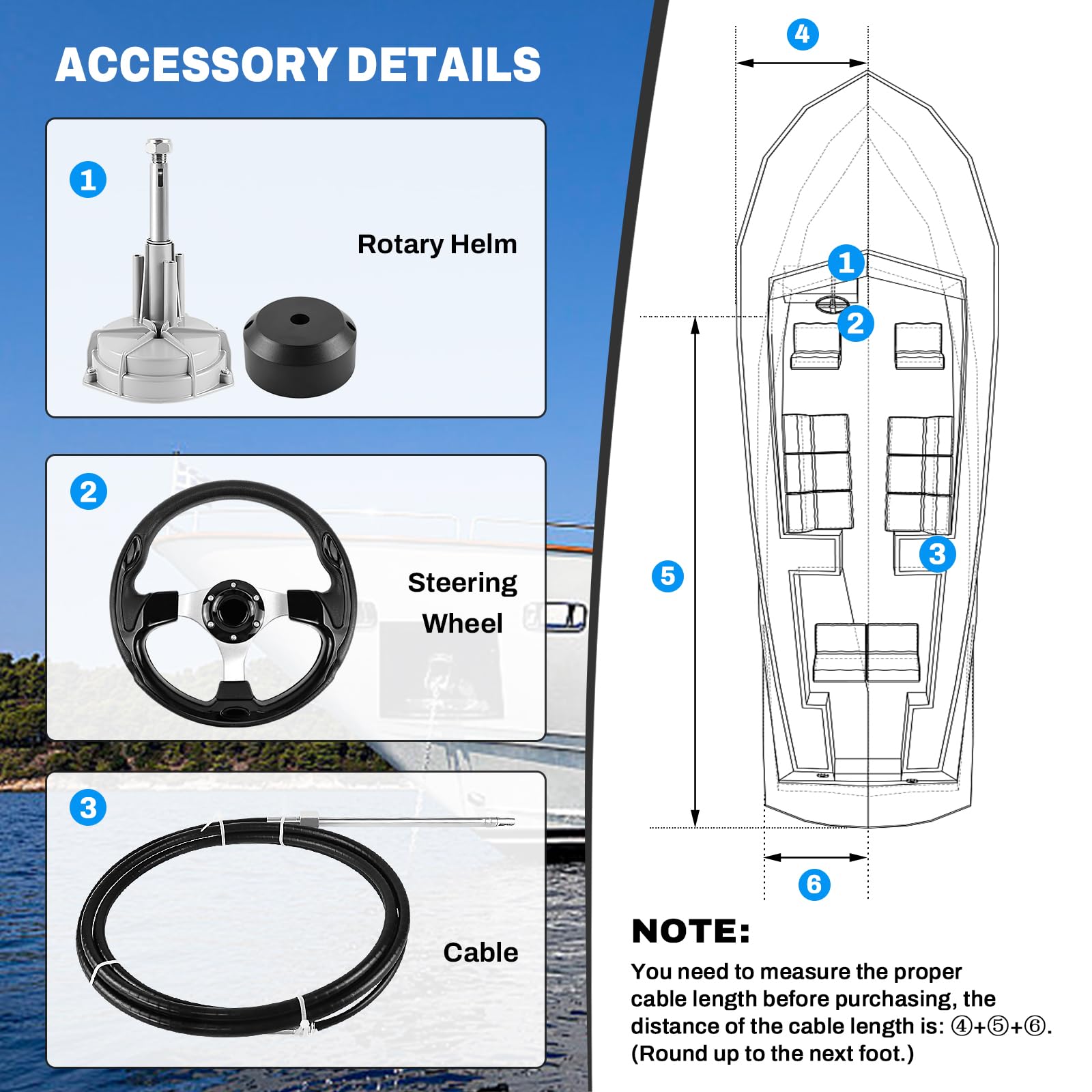 Système de direction pour bateaux Acclcors, kit de direction rotatif mécanique hors-bord, avec volant et câble de direction marin de 10 pieds, ou de 12 à 16 pieds, pour bateaux de pêche, yachts et