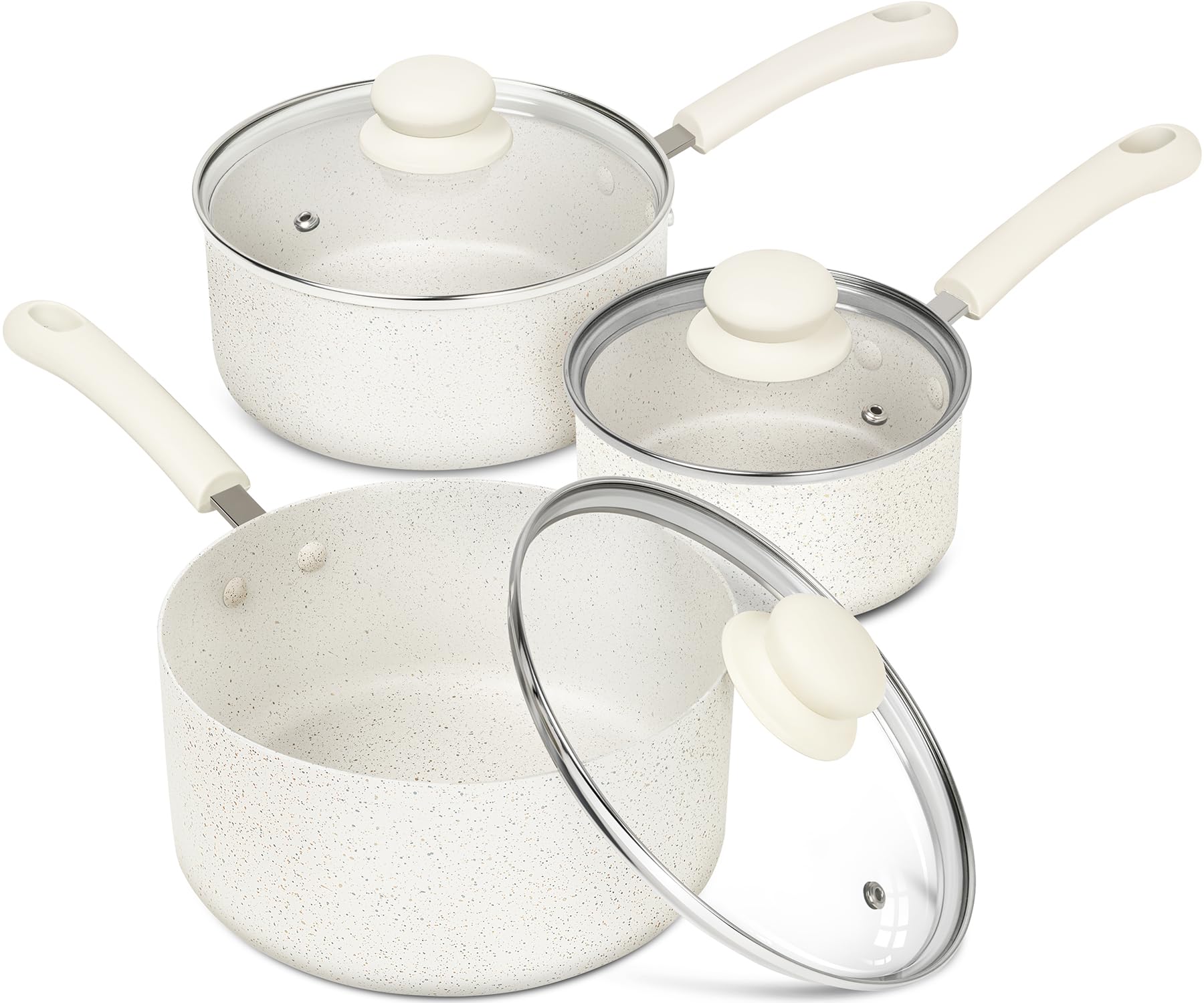 MICHELANGELO Sauce Pan Set With Lid, 1QT&2QT&3QT Granite Saucepans, Nonstick Saucepan Set, PFAS-FREE Pot Set, Small Pots For Cooking, Multipurpose Cooking Pots Set, White Granite