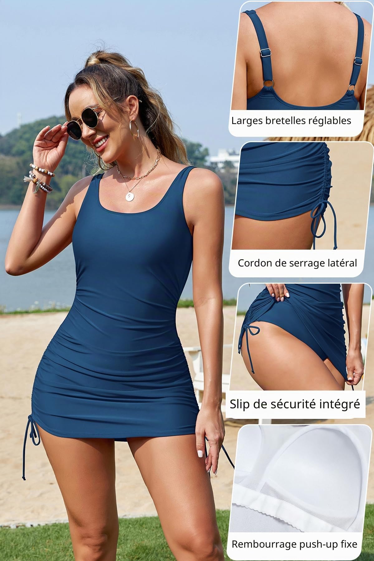 SHEKINI Femme Elégant Maillot de Bain Une Pièce avec Jupette 1 Pièce Ruched Gainant Ventre Plat Robe de Bain Grande Taille Plage