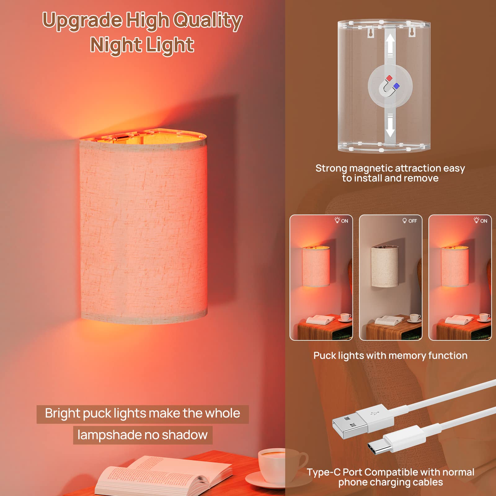 Rechargeable Wall Sconce Magnetic Wireless Wall Lamp RGB Colors Dimmable with Fabric Linen Shade and Remote, Wall Sconce Lighting Decor Set of 2 for Bedroom Living Room Hallway