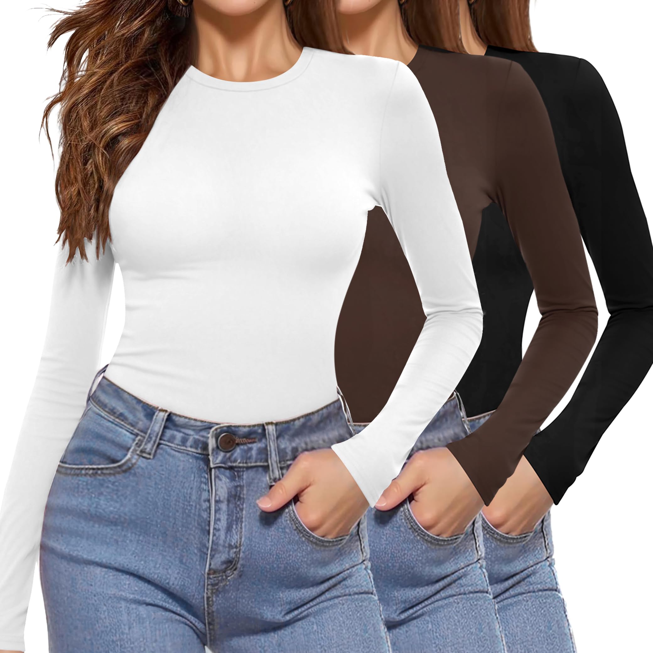 Aottori 3 Pack Langarmshirt Damen Rundhals Basic Tops Langarm Eng Oberteile Elegant Stretch Unterziehshirt Slim Fit Unterhemd Layer Tee Shirt Casual XS-XXL