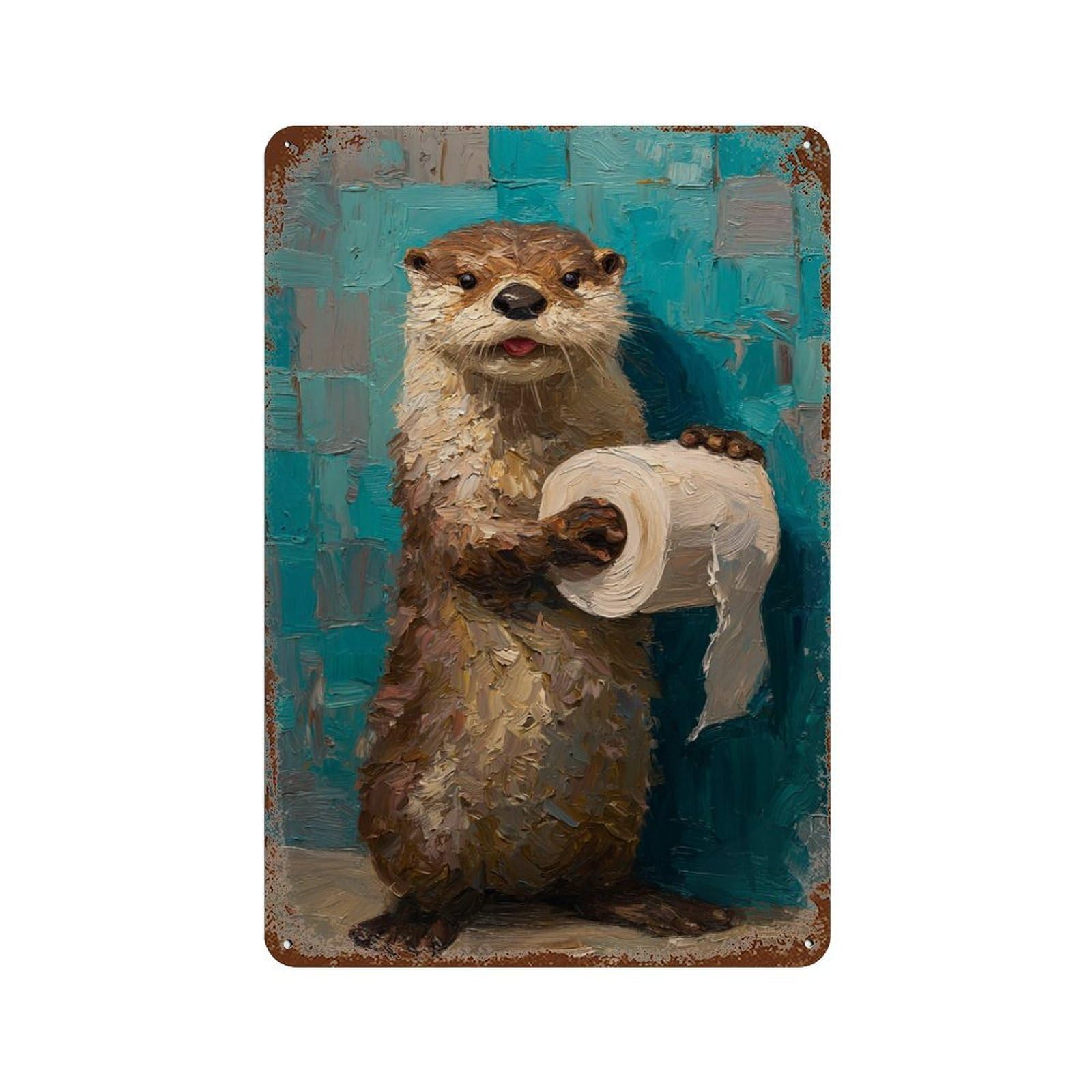 Vintage Rust Metal Sign Otter Holding Toilet Paper 11.8"x7.9", Novelty Wall Decor for Office, Studio And Wall Decor