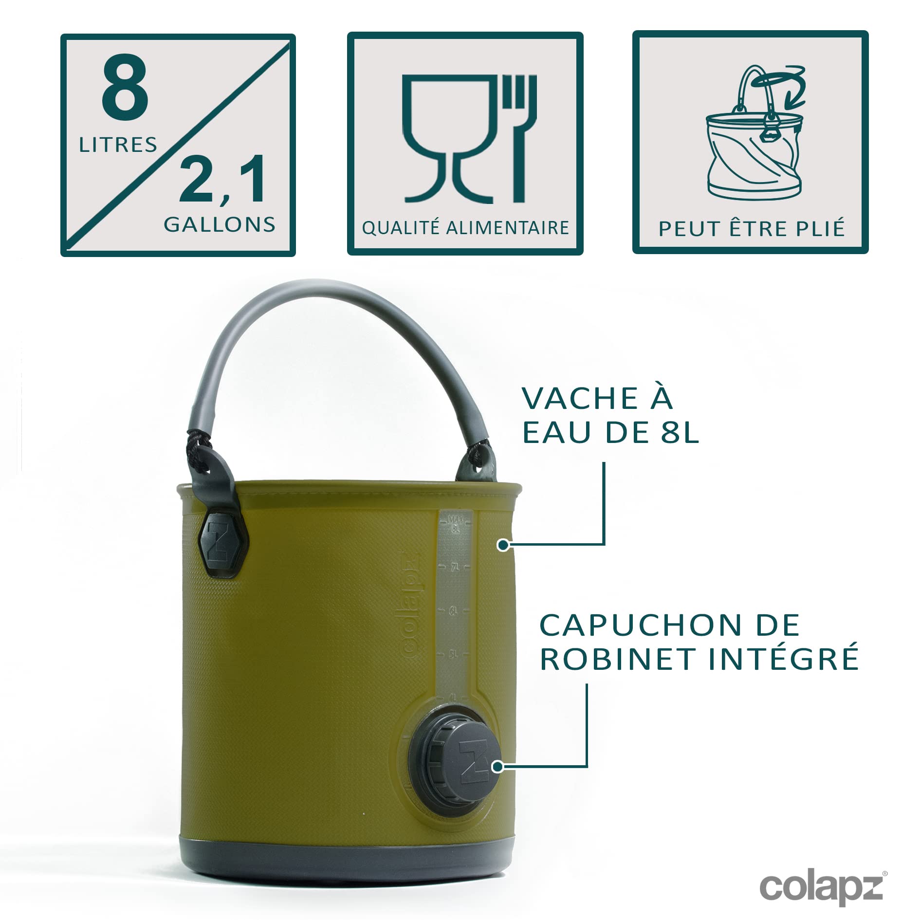 Colapz Pliable Distributeur d'Eau 8 L Vert Olive sans BPA Jerricane 2 en 1 Seau Camping Arrosoir